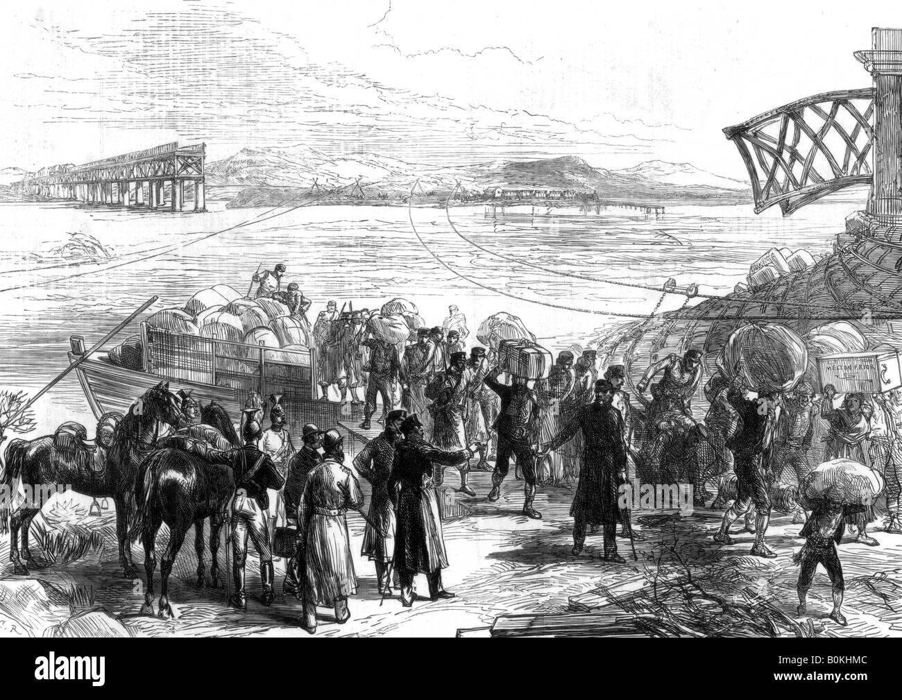 Attraversando il fiume Ebro a Castijon; la guerra in Spagna, 1875. Artista: sconosciuto Foto Stock