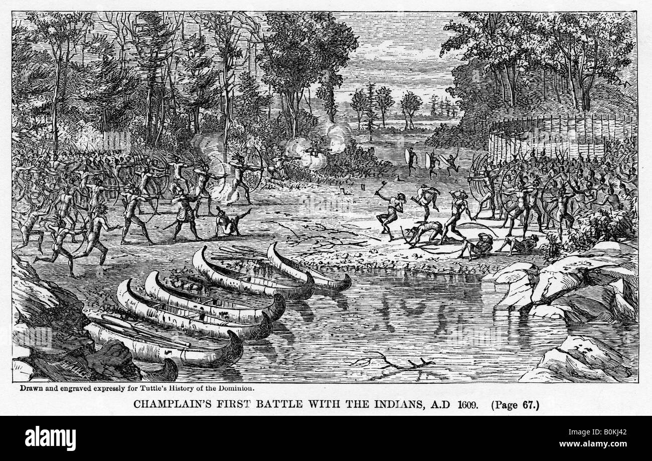 "Champlain la prima battaglia con gli indiani, ANNUNCIO 1609', (1877). Artista: sconosciuto Foto Stock