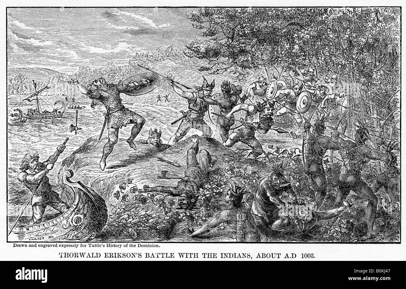 "Thorwald Erikson la battaglia con gli indiani, circa AD 1003", (1877). Artista: sconosciuto Foto Stock