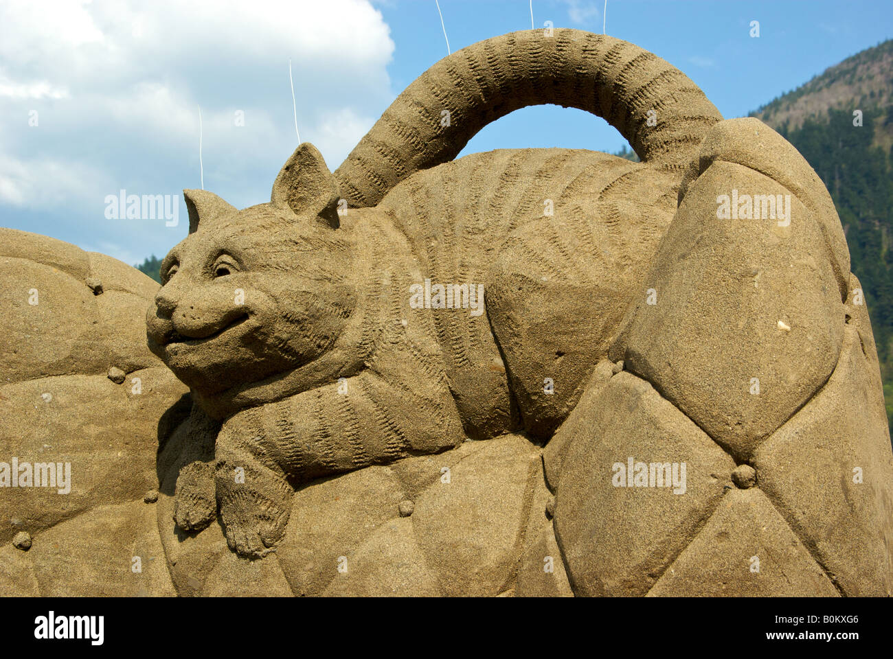 Cheshire cat la scultura di sabbia al Torneo dei campioni a Harrison Hot Springs, la scultura di sabbia Capitale del mondo Foto Stock
