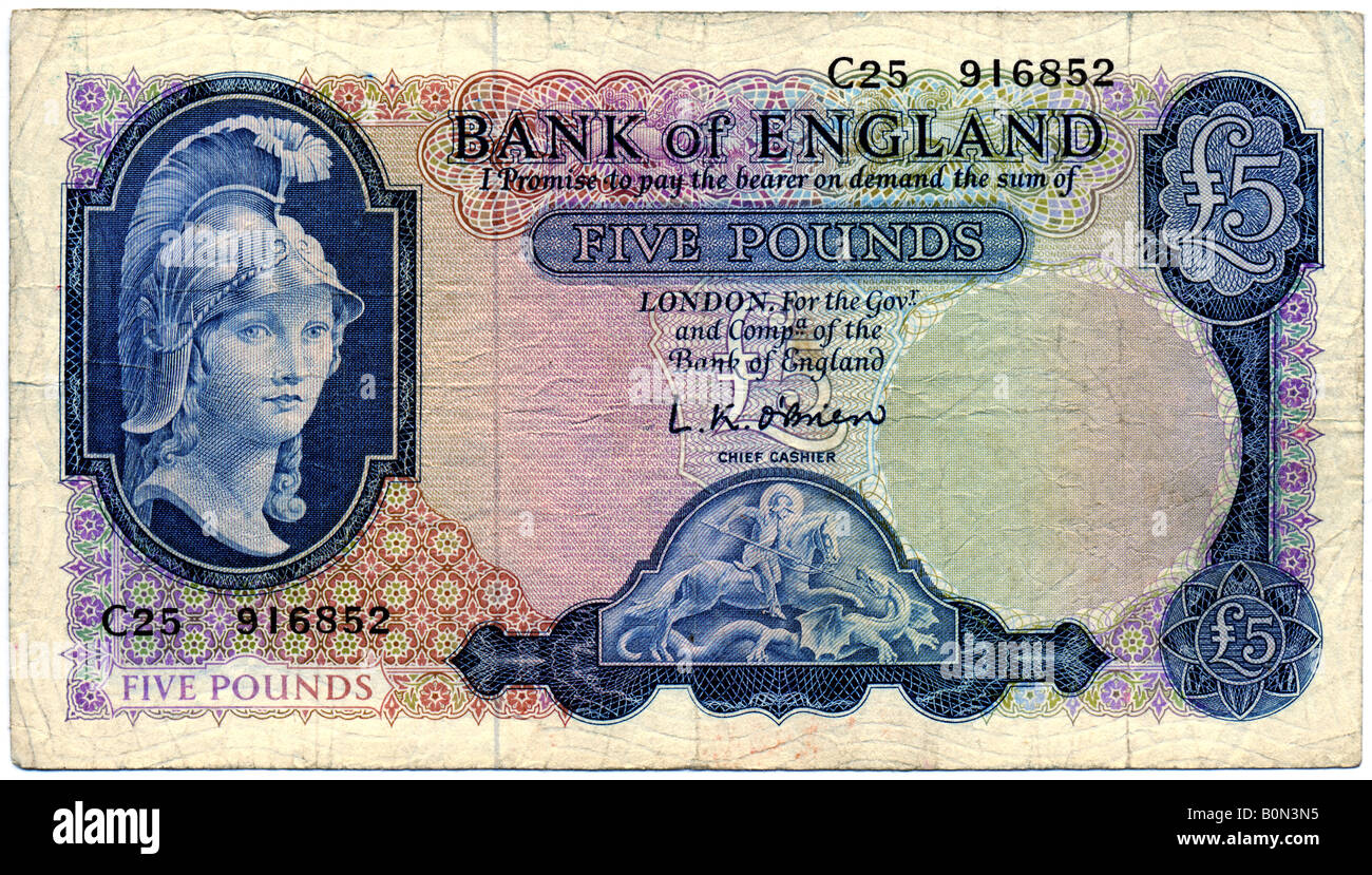 Anni Cinquanta Bank of England Cinque libbre nota con firma del L K O'Brien Capo cassiere data 1957 per il solo uso editoriale Foto Stock