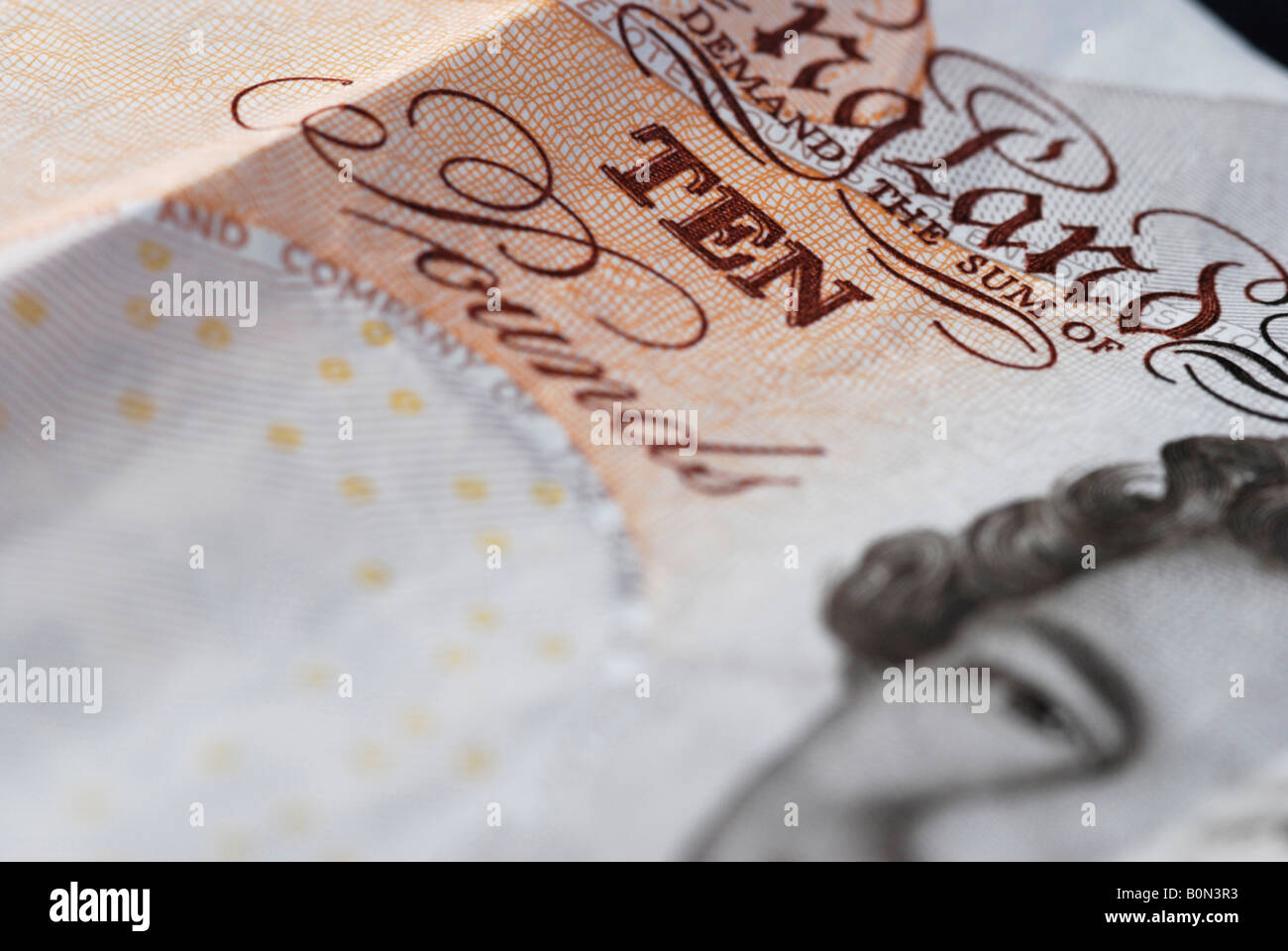 Chiusura del Regno Unito dieci pound nota mostra la quantità e la regina s testa 2008 Foto Stock