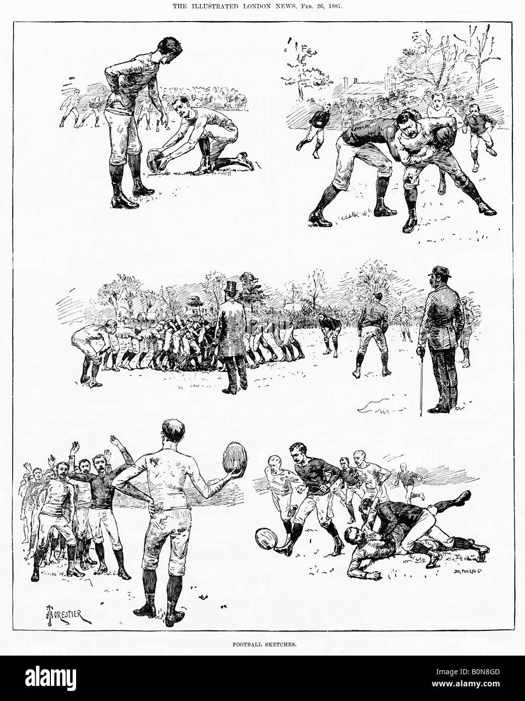 Schizzi di calcio 1887 incisioni Vittoriano dal Forester di scene da una partita di rugby con l'arbitro in un top hat Foto Stock