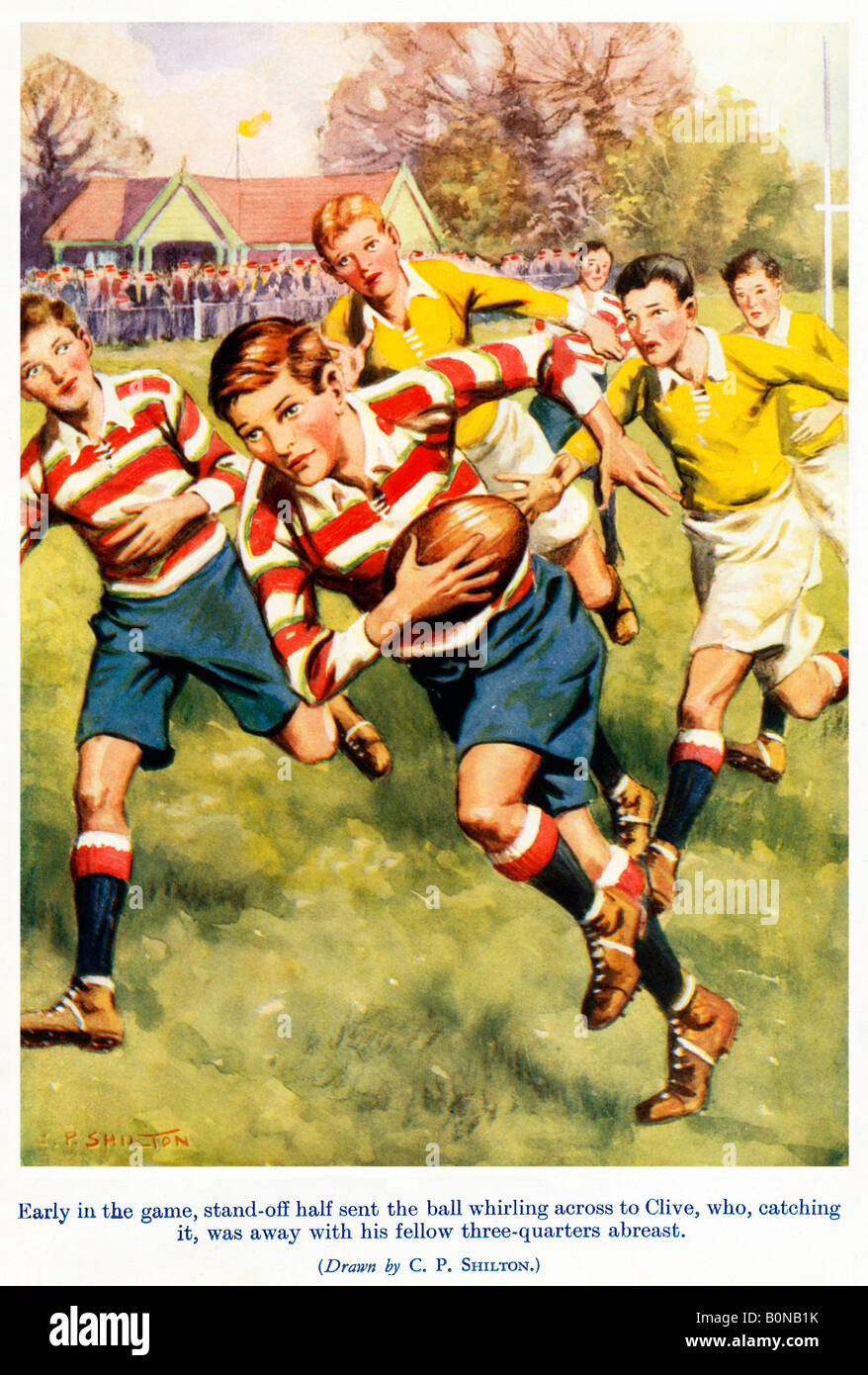 Nelle prime fasi del gioco illustrazione da un 1920s ragazzi comico di una  pausa dai tre quarti in una scuola partita di rugby Foto stock - Alamy