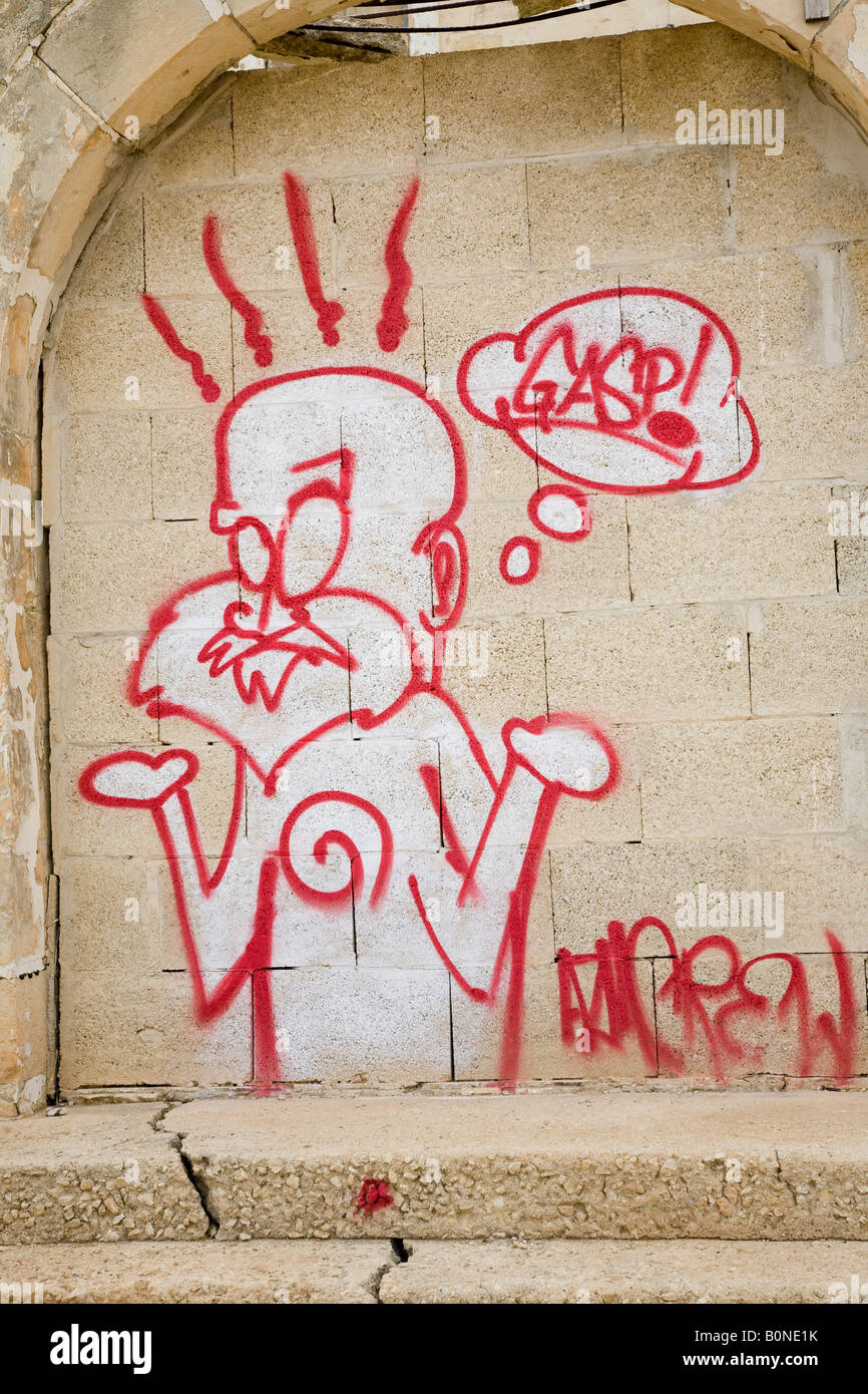 Cartone animato Red Line Art, volto espressivo, braccia aperte, bolla di discorso, graffiti maltese Gasp Foto Stock