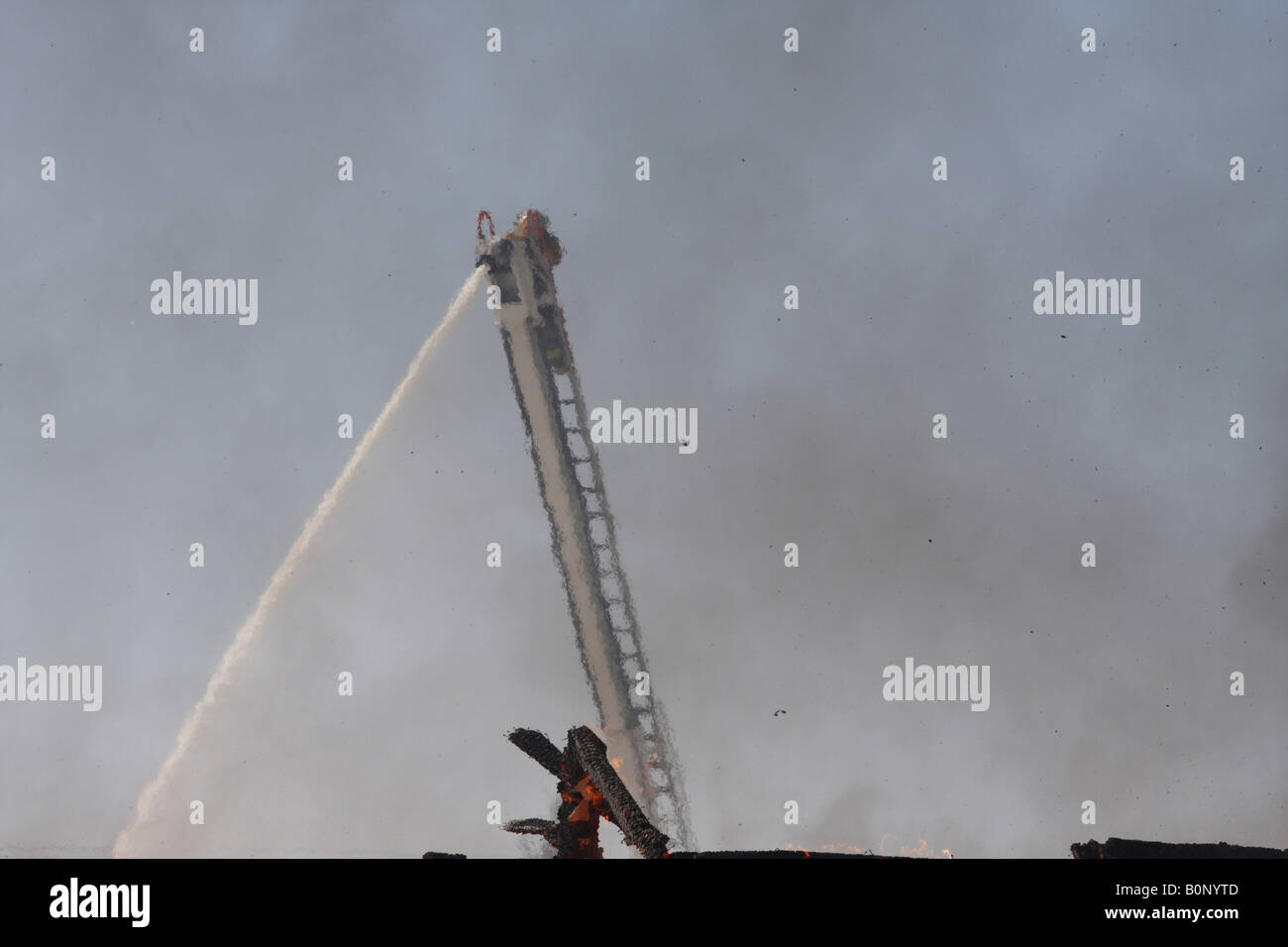 Vigile del fuoco sulla sommità della scala del carrello scaletta estesa. Foto Stock