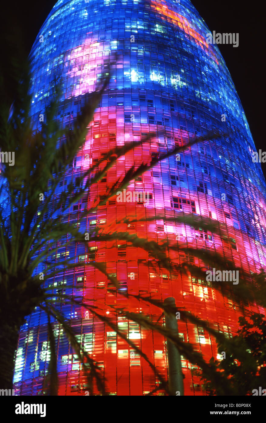 Torre Agbar e Palm tree di notte barcellona catalogna Spagna Foto Stock