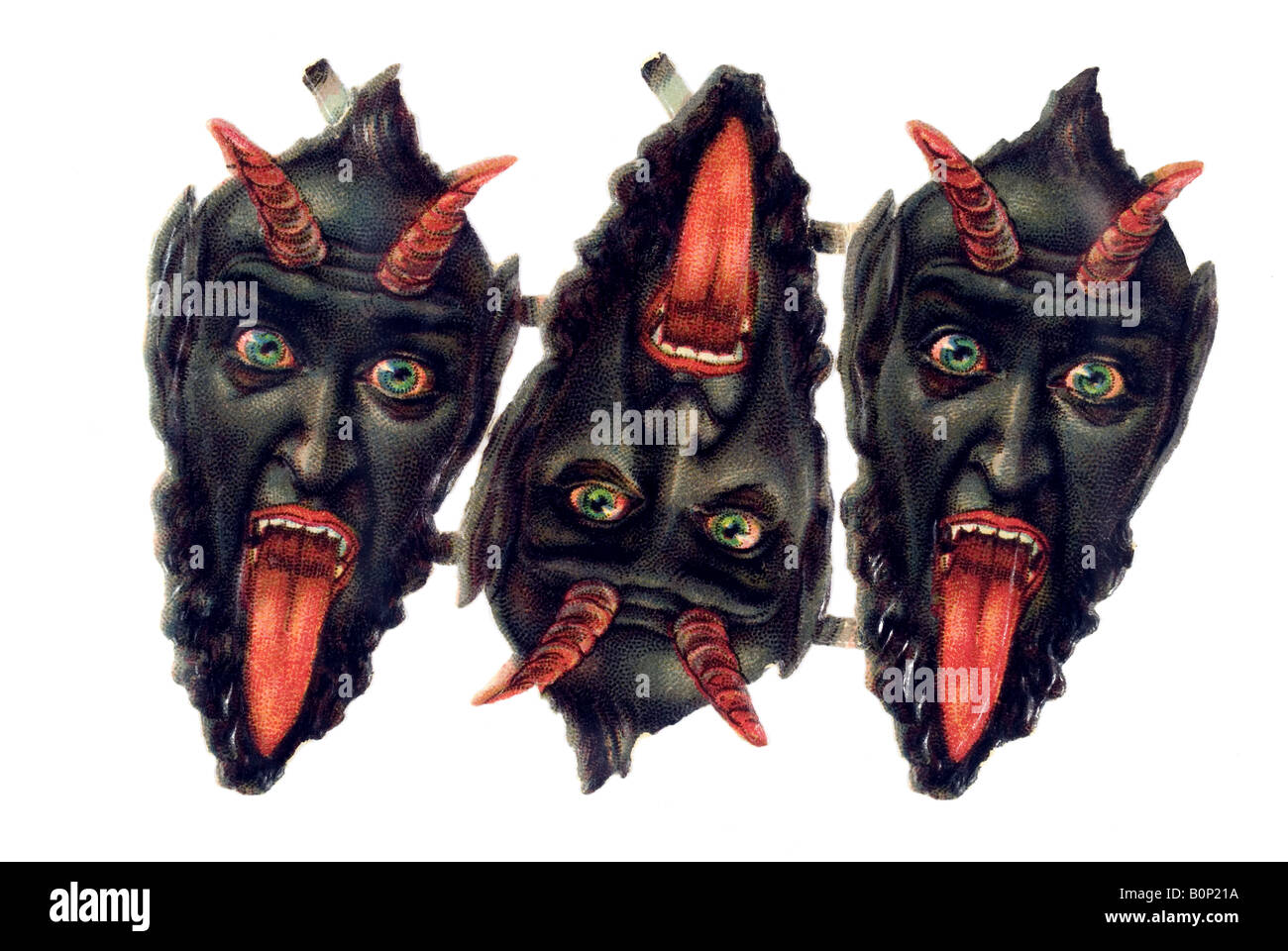 3 Krampus bavarese Kramperl Miglo Buttnmandl del XIX secolo in Germania Foto Stock