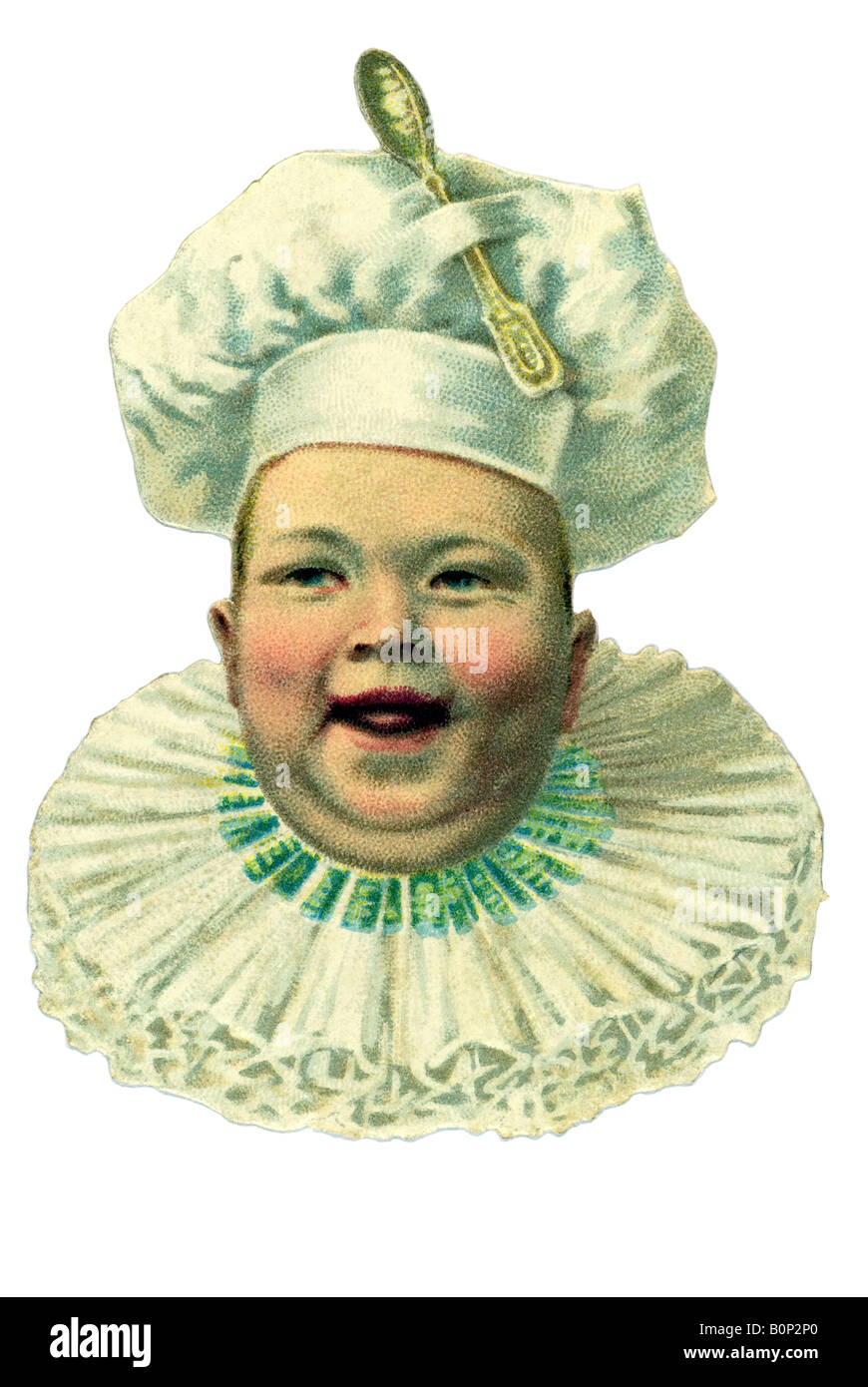 Antica emotivo testa di bambino aprire bocca sorridente toby collare ruff in pizzo cook hat cucchiaio sulla parte superiore del XIX secolo in Germania Foto Stock