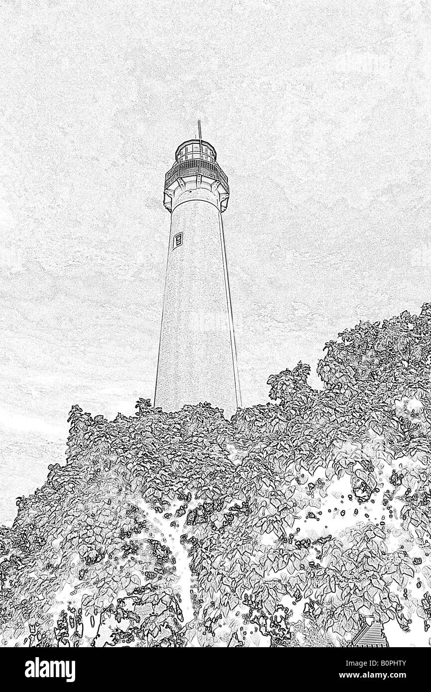Faro aleggiano sopra gli alberi (reso digitalmente schizzo o disegno a carboncino) Foto Stock
