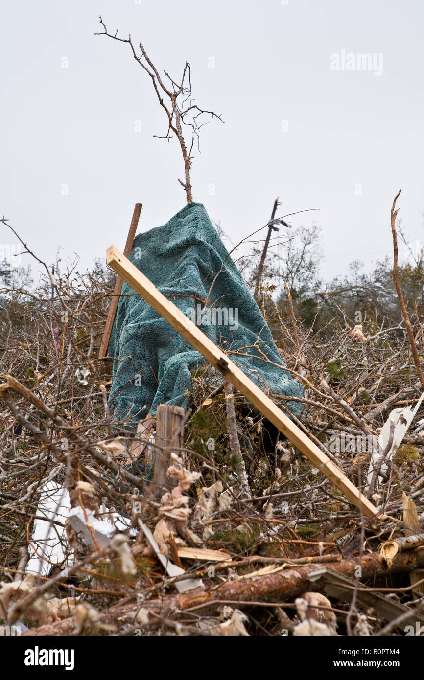 Pezzo di tappeto in una struttura ad albero con tutti i detriti intorno dopo deadly tornade devasta il lago di Mack Florida Foto Stock