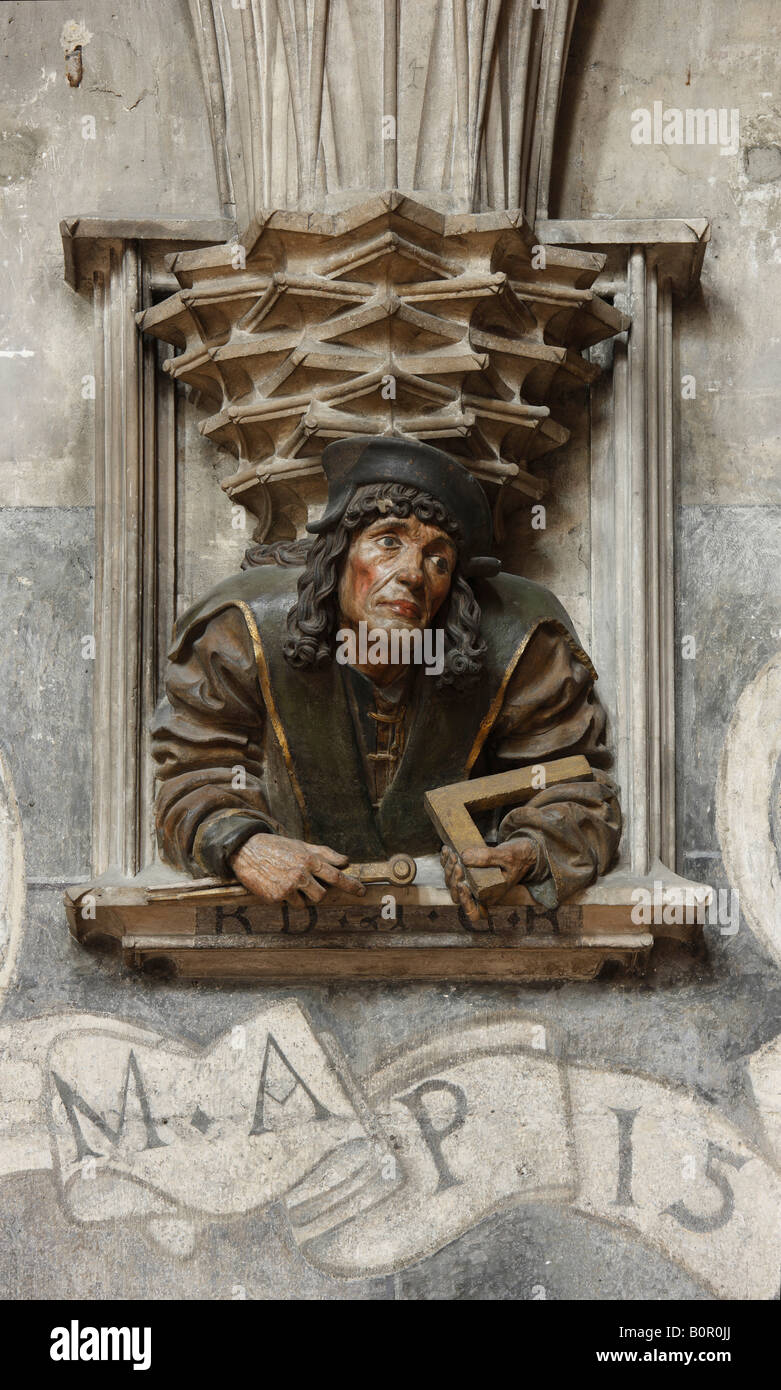 Wien, Stephansdom, Orgelfuß von Anton Pellegrini, um 1513, Selbstportrait Foto Stock