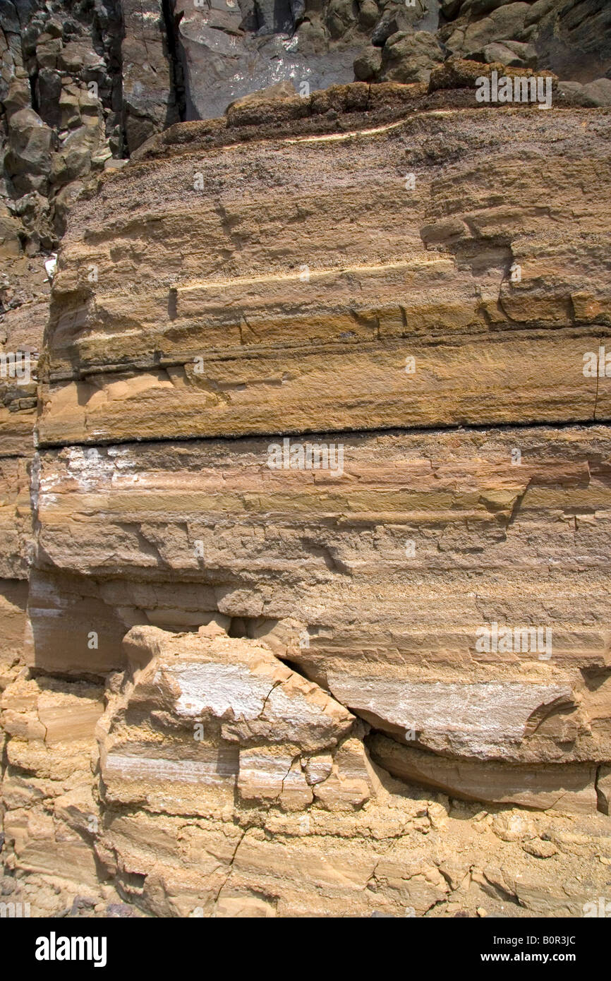 Stratificazioni orizzontali nella roccia sedimentaria coperta con il basalto lungo il Fiume Snake allo Swan Falls Idaho Foto Stock