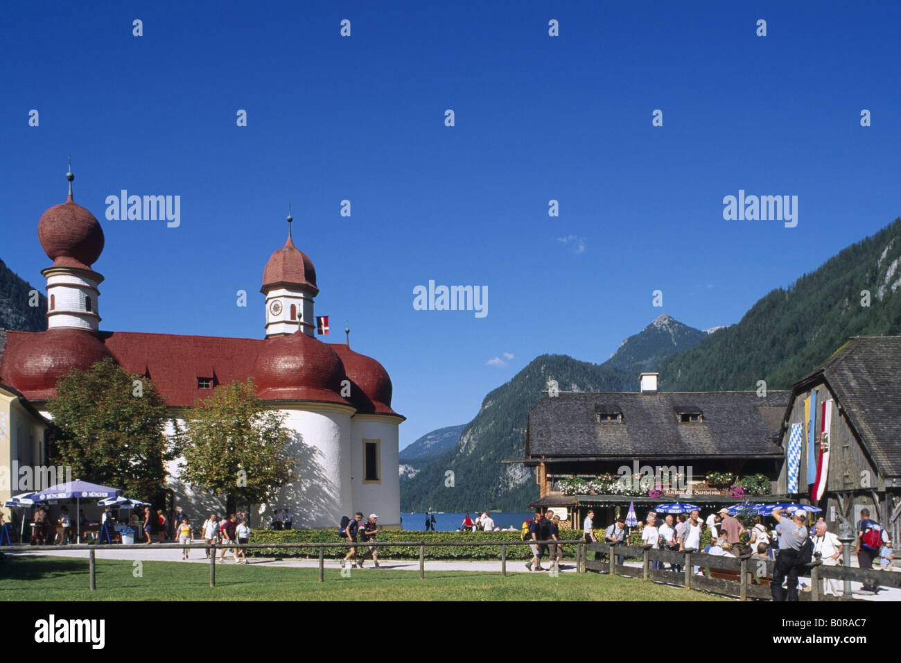 St.Bartholomae monastero, il lago Koenigssee, Berchtesgadener Land di Baviera, Germania Foto Stock