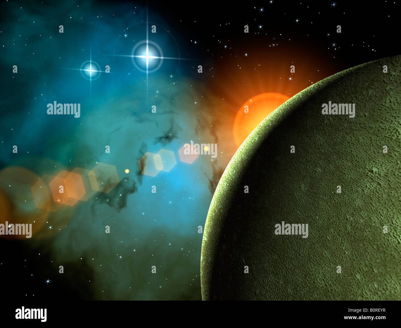 Lo spazio esterno in scena con exoplanet, stelle e nebulose. Foto Stock