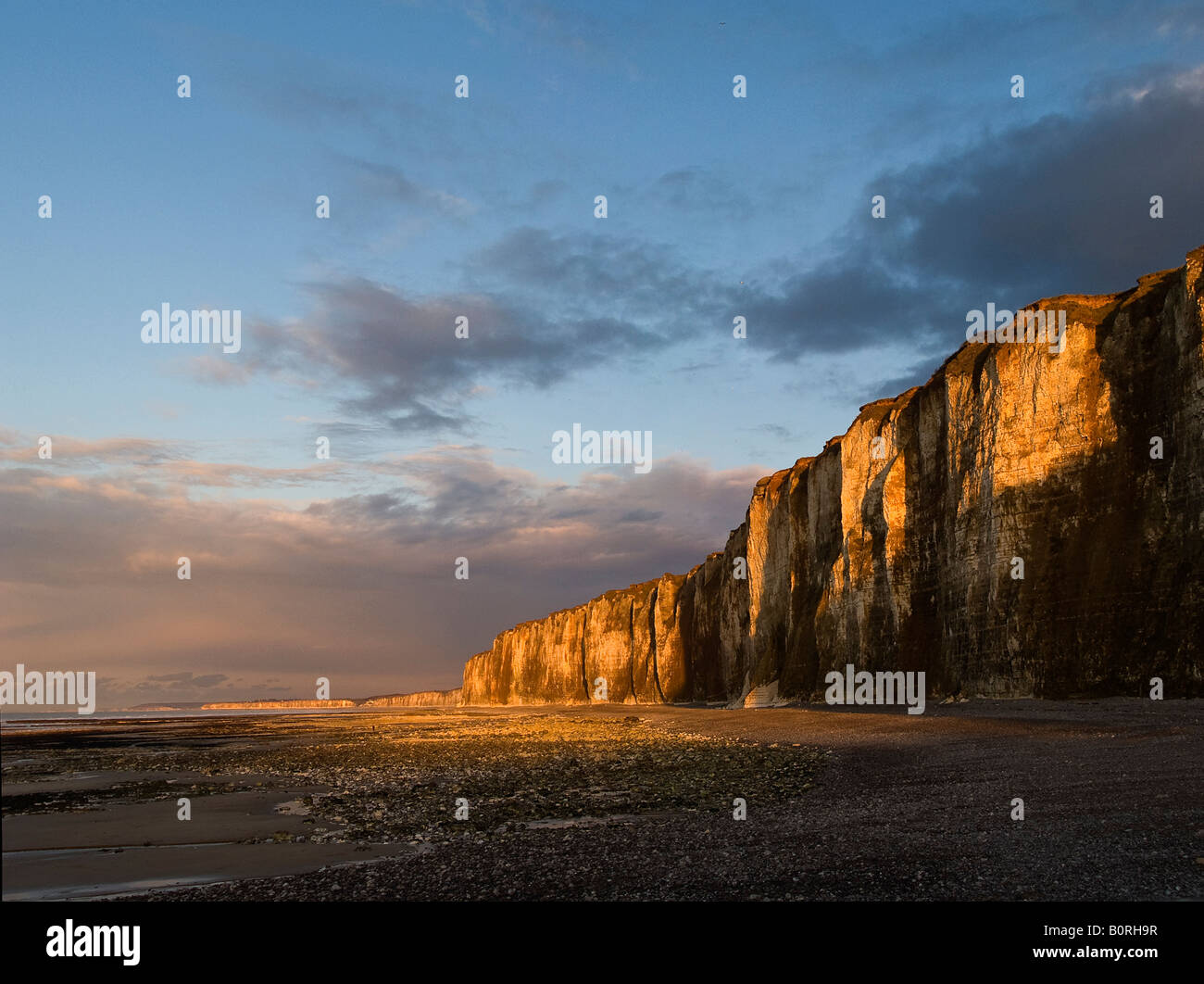 La Normandia scogliere in St Valery en Caux all'alba in orizzontale Foto Stock