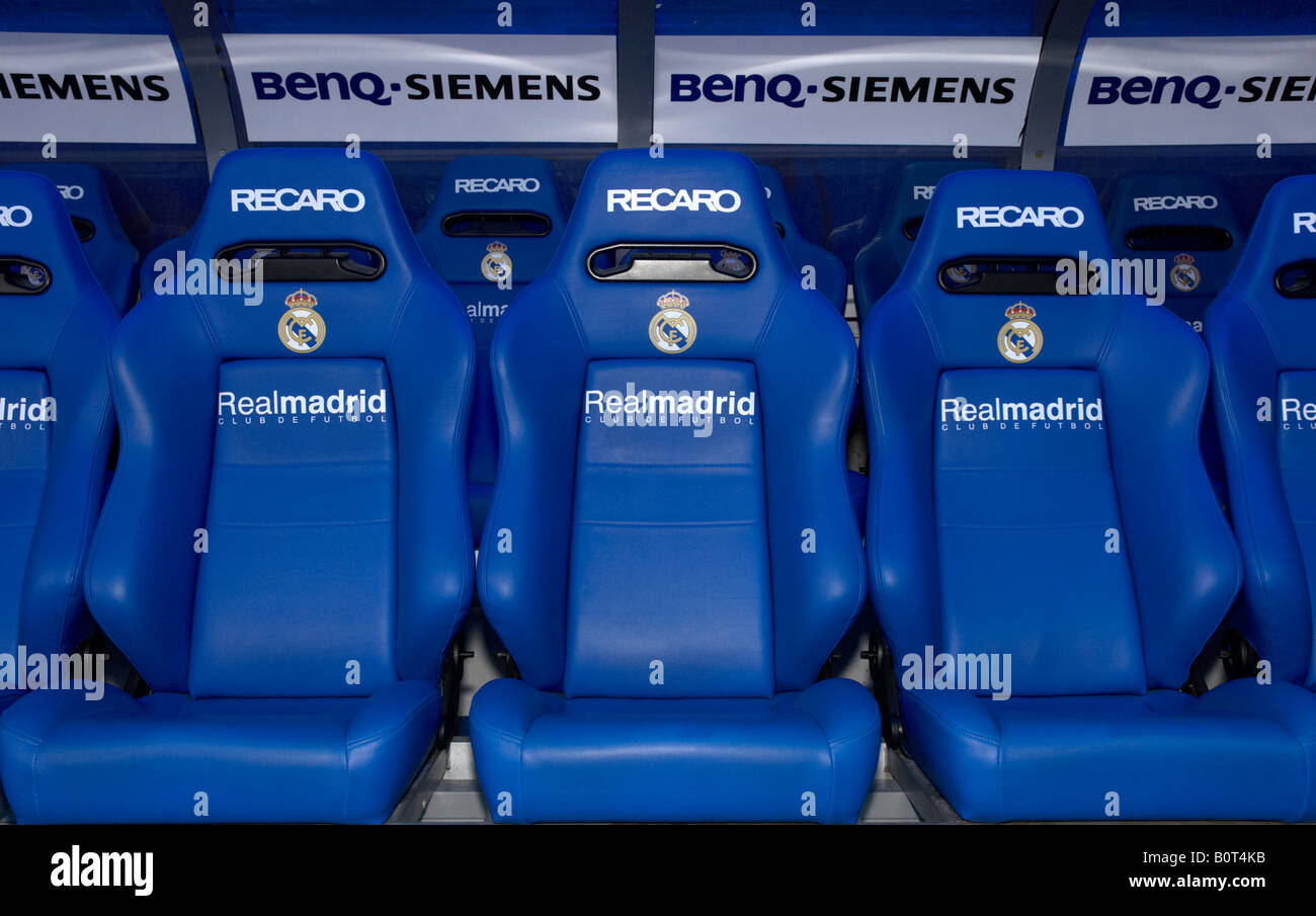 La panchina al Real Madrid è Estadio Santiago Bernabeu Stadium. Foto Stock