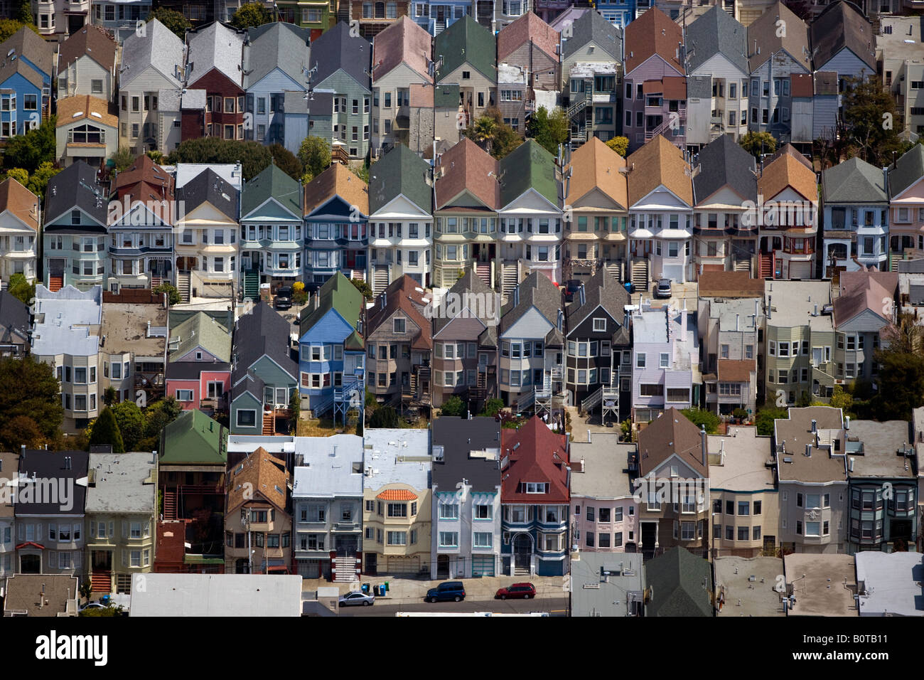 Antenna residenziale sopra case a schiera di San Francisco in California Foto Stock