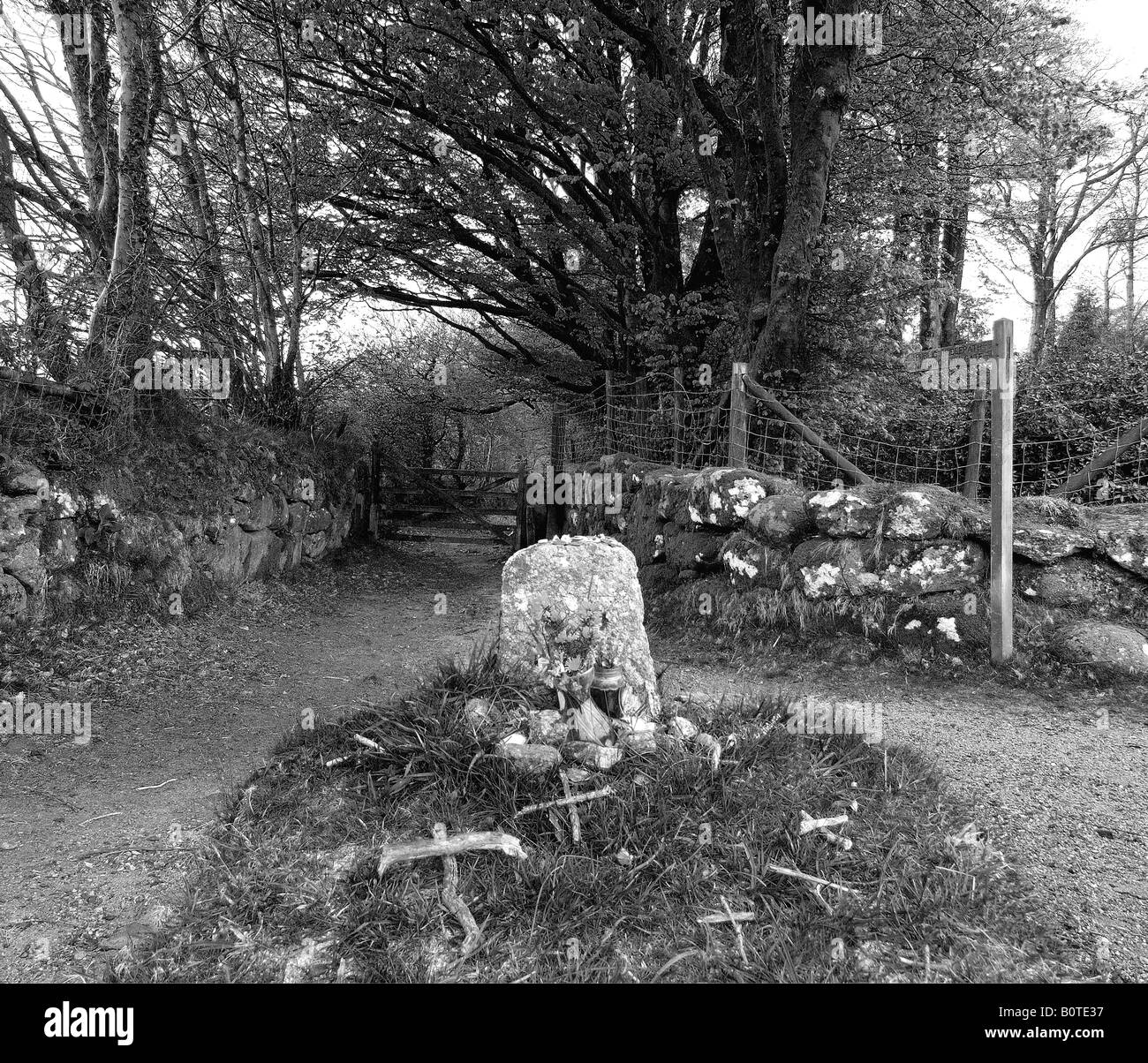 Immagine mono di Jay s grave su Dartmoor il ben noto tomba di una donna locale chiamato Kitty Jay che ha commesso il suicidio Foto Stock