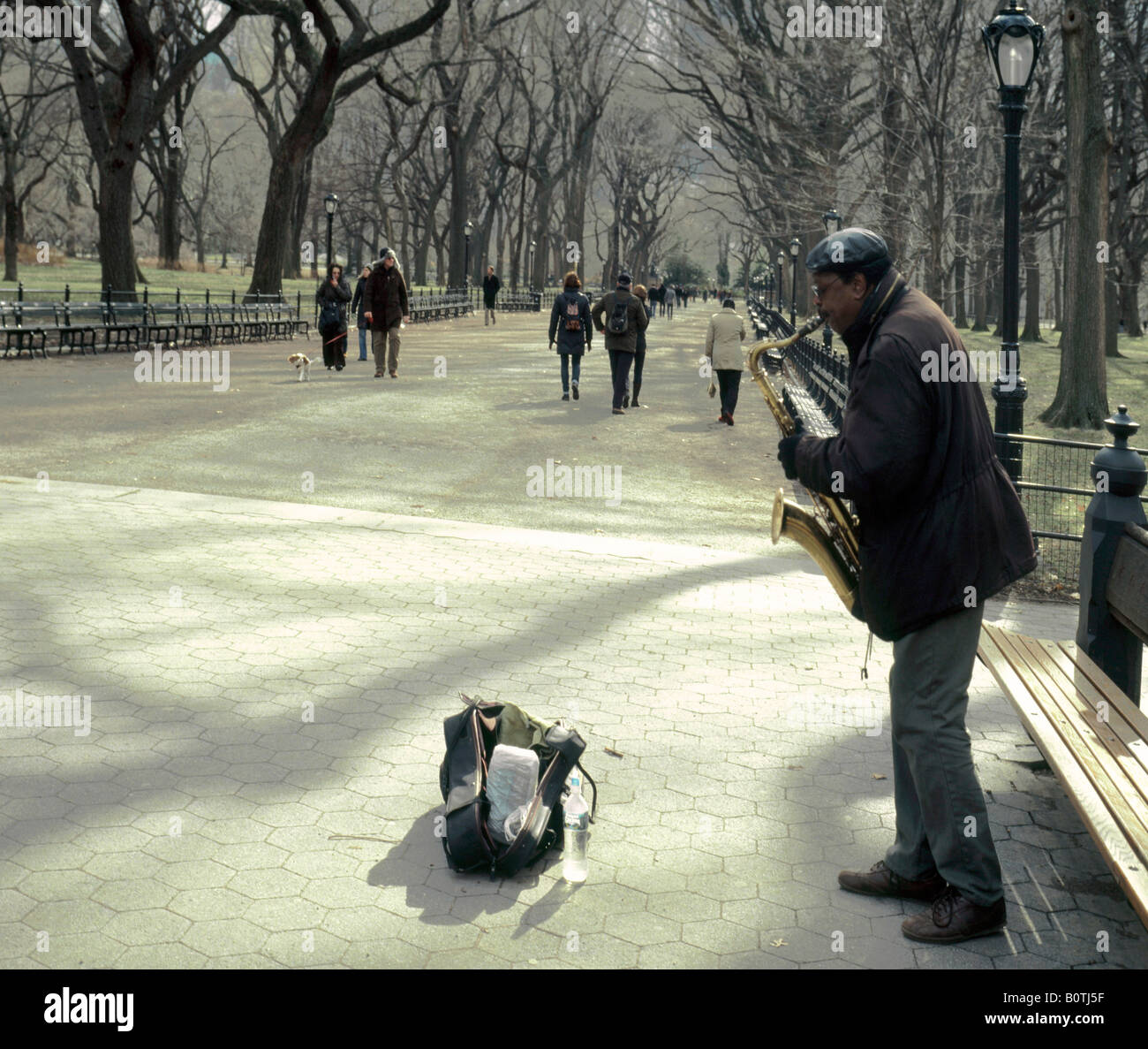Il Central Park di New York inverno febbraio sassofonista nero riproduzione di musica blues in The Mall Foto Stock