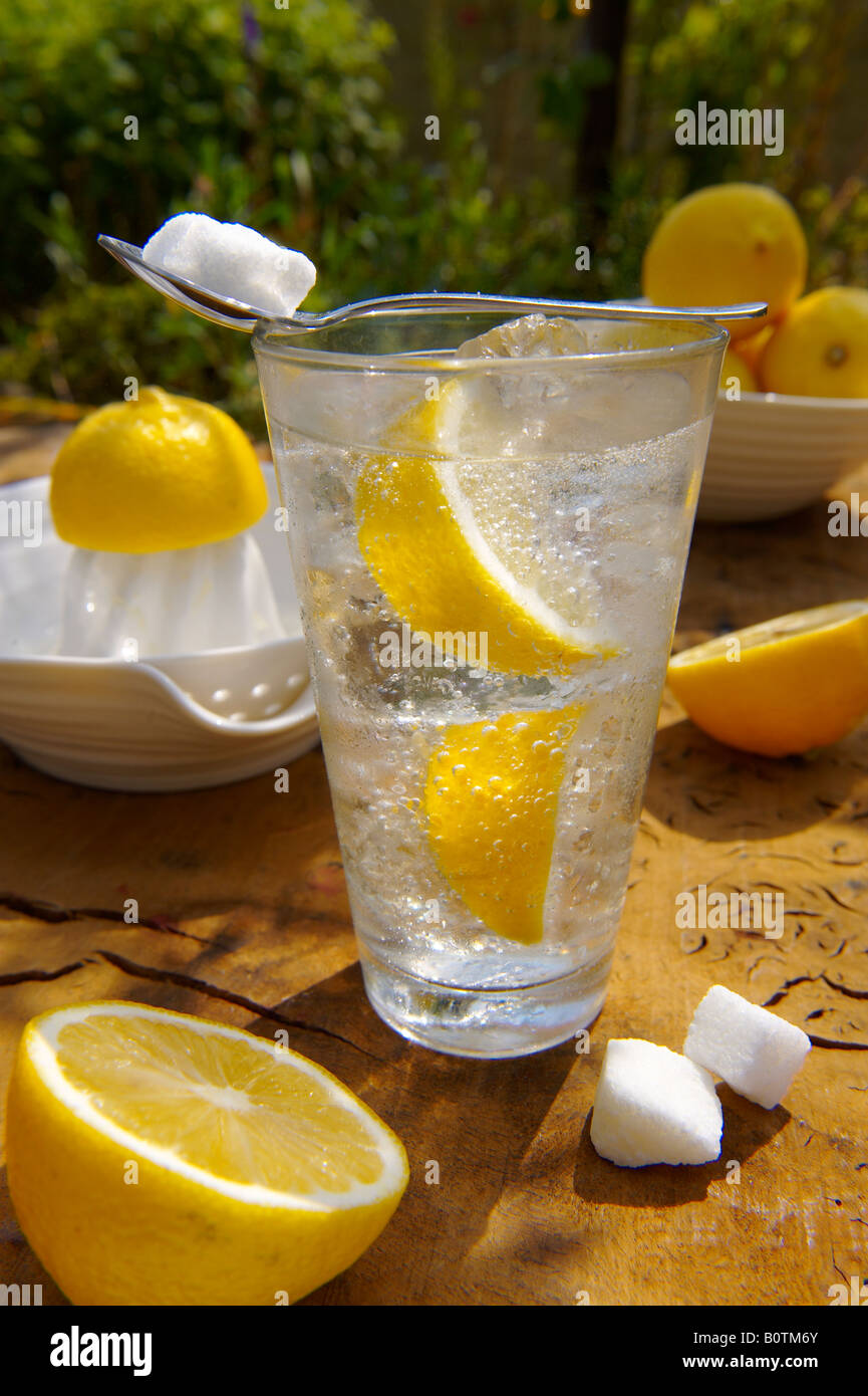 Limonata fatta in casa pronta a bere in una ciotola un tavolo da giardino in legno al sole Foto Stock