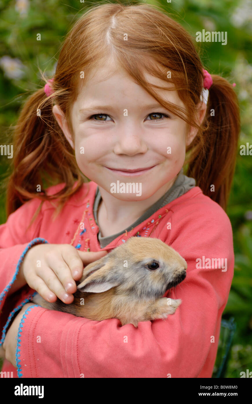 Bambina tenendo un Coniglio europeo (oryctolagus cuniculus) Foto Stock
