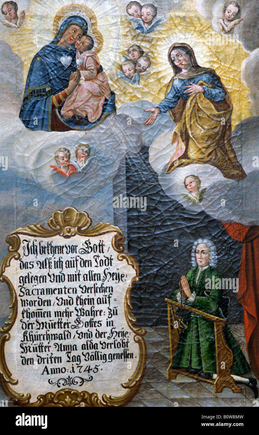 Immagine votiva dal 1745 per il salvataggio da una malattia terminale, Kirchwald pellegrinaggio chiesa vicino, Nussdorf, Inntal bavarese, upp Foto Stock