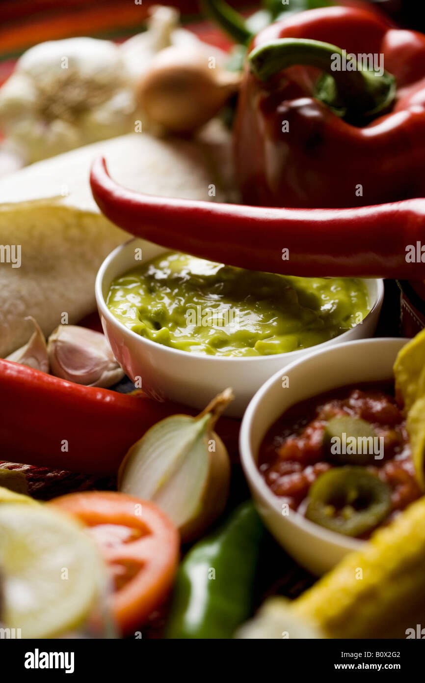 Close up stereotipati di cibo messicano e ingredienti Foto Stock