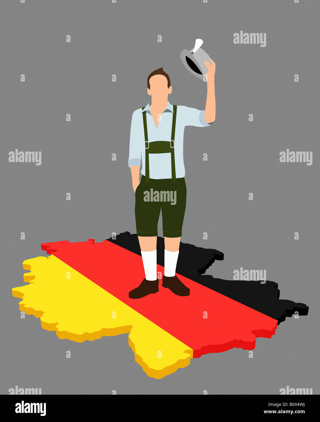 Stereotipi uomo tedesco in piedi su una bandiera tedesca in forma di Germania Foto Stock