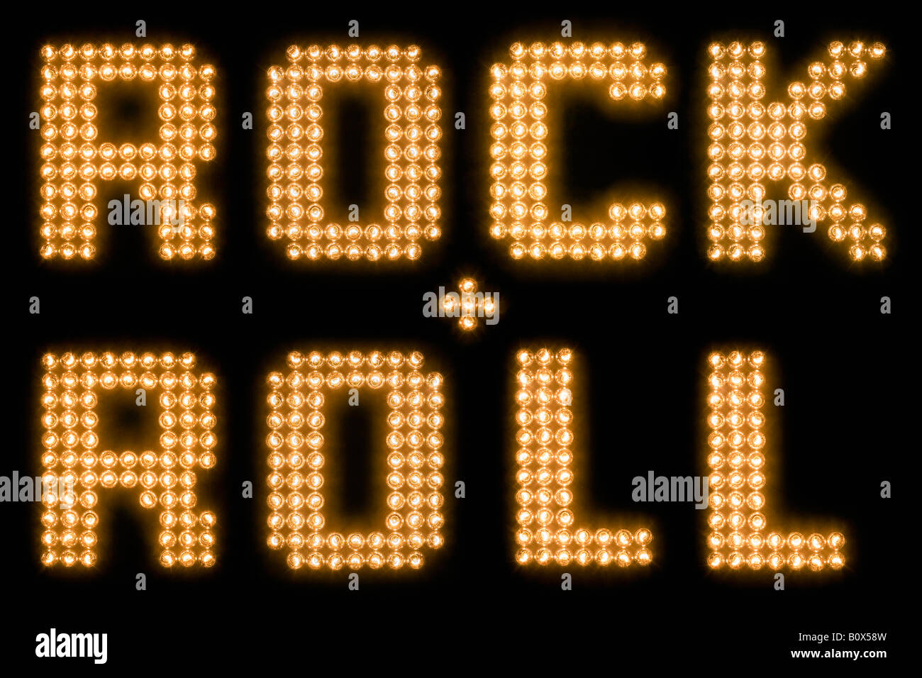 Le parole di rock and roll in accesa lampadine Foto Stock