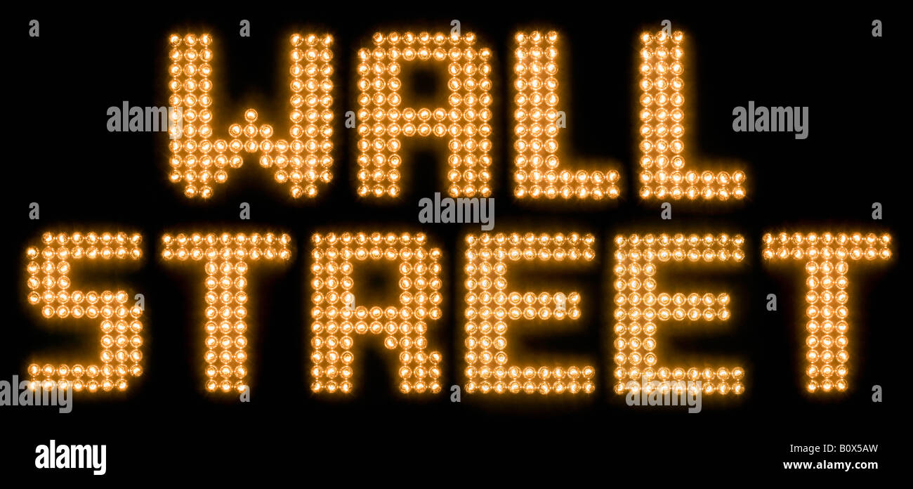 Le parole Wall street in luce accesa lampadine Foto Stock