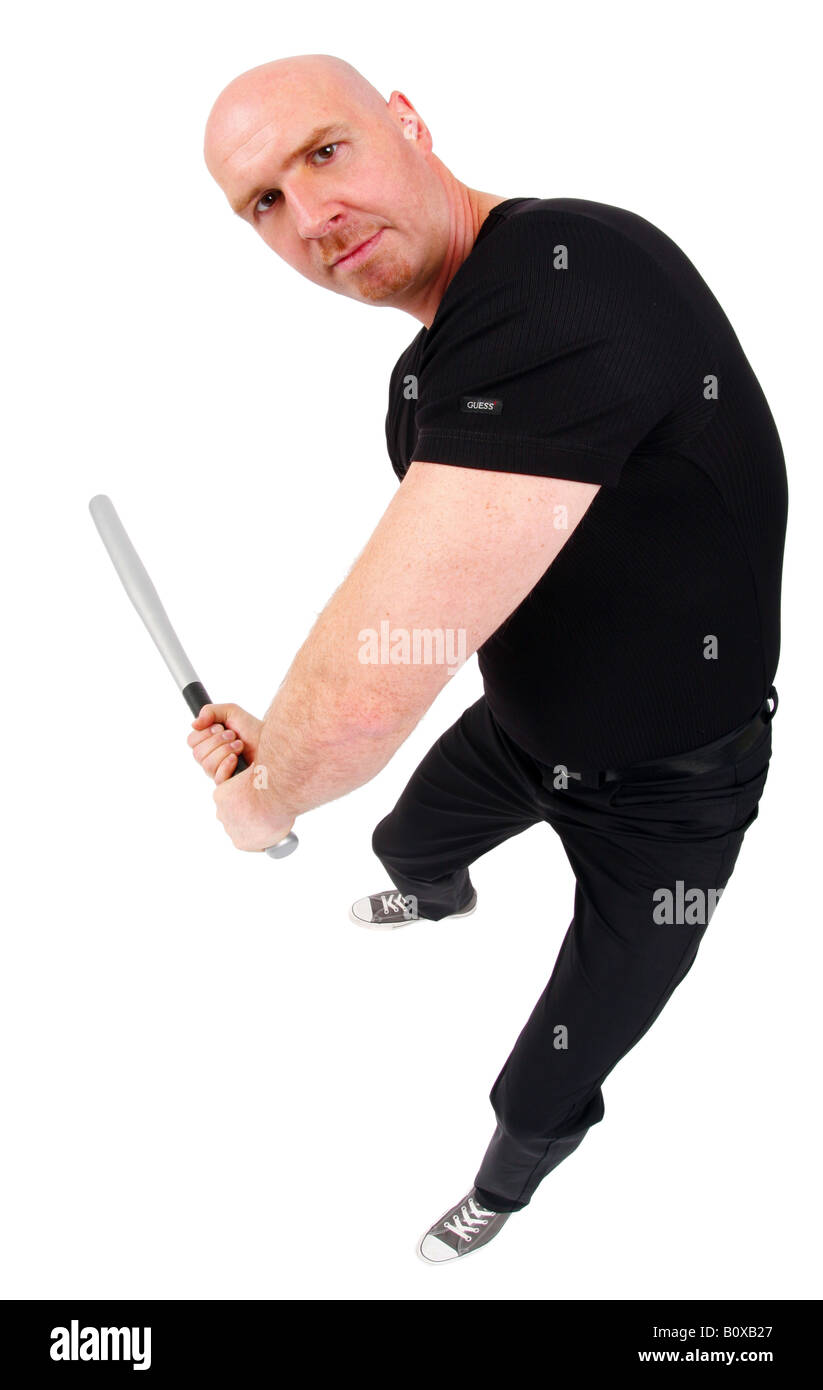 Testa calva uomo colpisce con una mazza da baseball Foto Stock