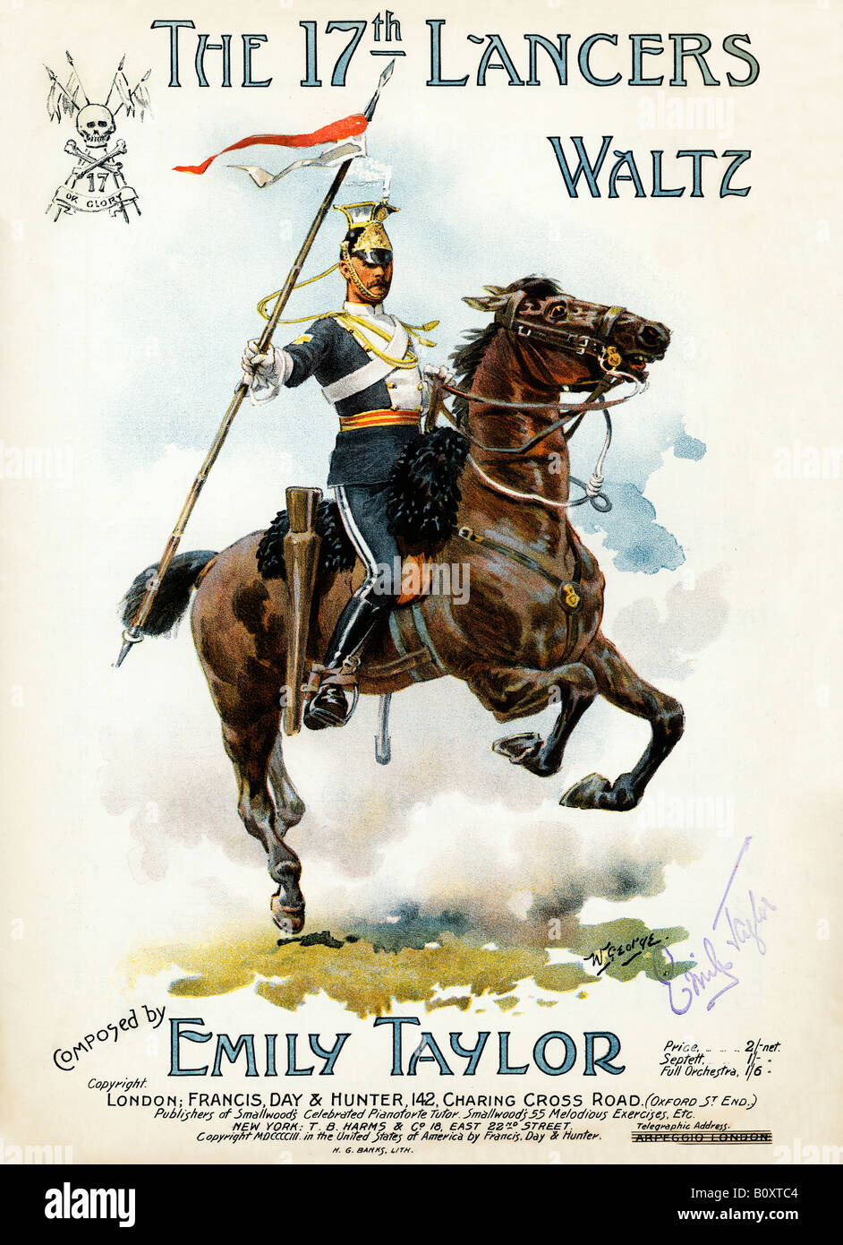 Xvii Lancieri valzer Edwardian musica per celebrare il reggimento di cavalleria che ha preso parte alla carica di luce Brigata, con la sua Morte o Gloria motif Foto Stock