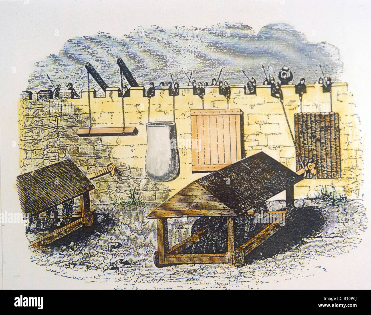 Macchine utilizzate per la difesa del muro di pietra contro gli arieti del XIV secolo incisione . Foto Stock