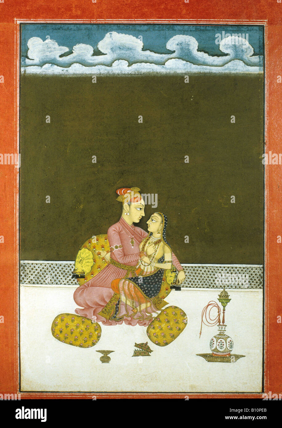 Gli amanti su una terrazza. Bilaspur. 1750. Manoscritto indiano. Ragini Madhmadhyavi, da una pianura Ragamal serie. Foto Stock