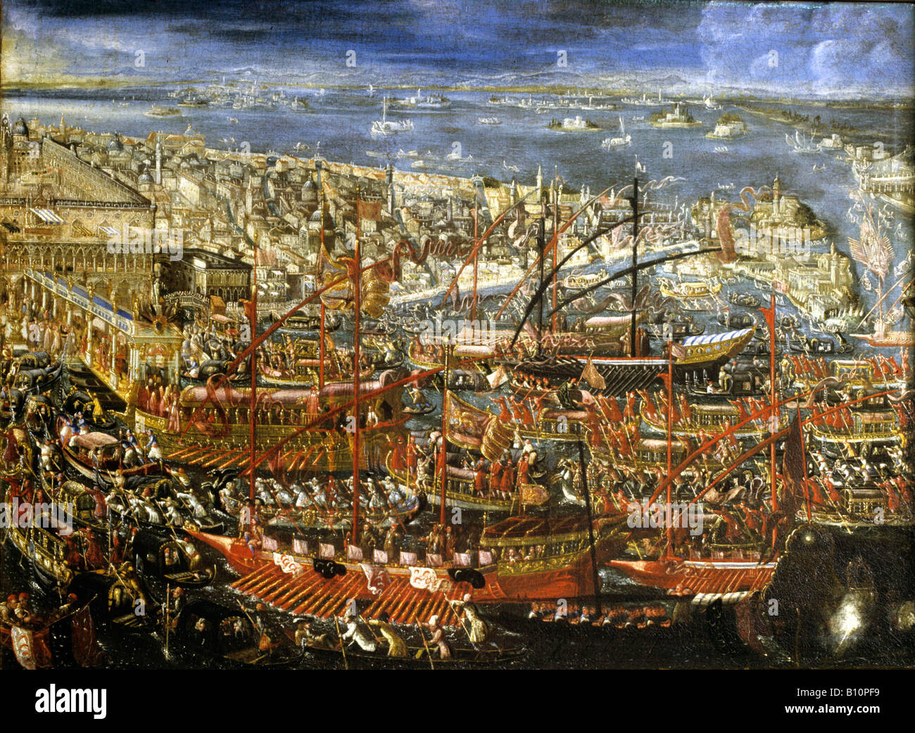 La pittura. Chiatte veneziane in una cerimonia sull'acqua del XVI secolo Foto Stock