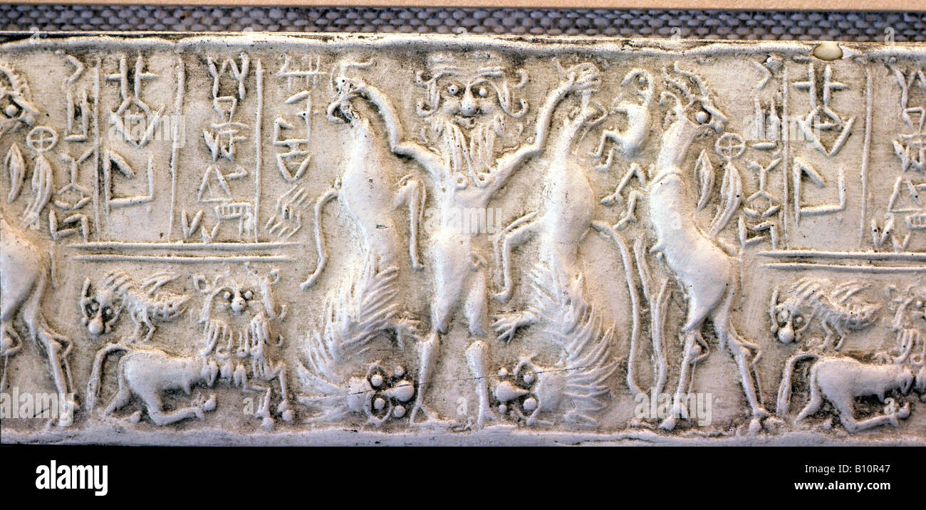La guarnizione cilindro di Isham-Ilum, principe di kisik. Ur. eroe e leoni. 2500-2450 A.C. Mesopotamia Foto Stock