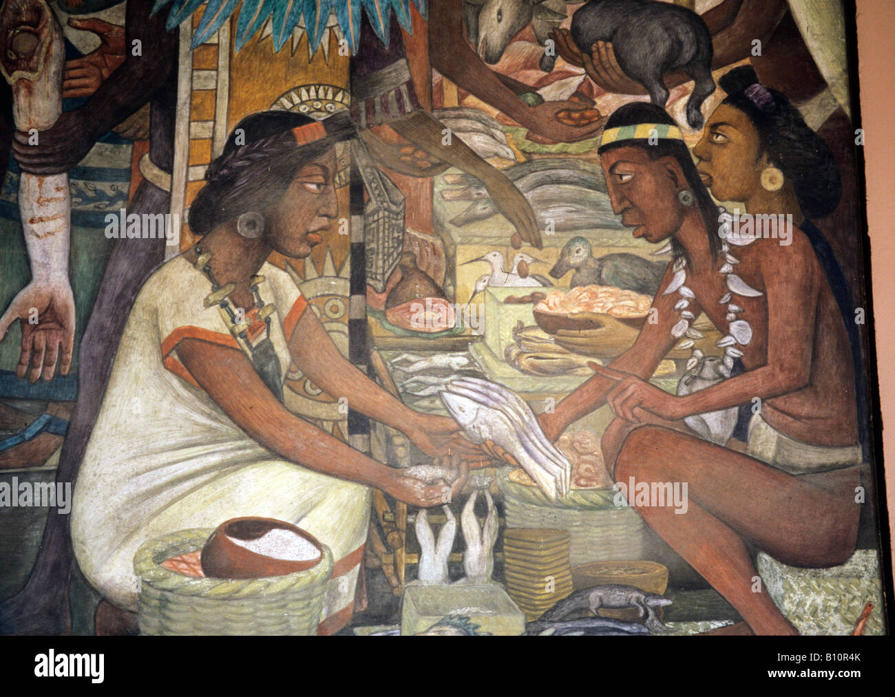 Scena di mercato. La vita quotidiana. Aztec. Murale di Diego Rivera, Città del Messico. Foto Stock