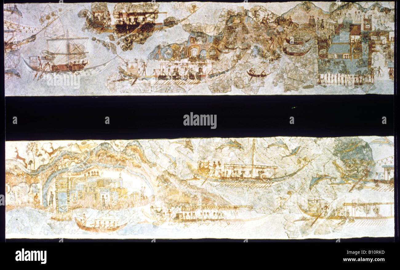 Navi Minoan Thera Santorini affresco dipinto a parete 16C BC. Paesaggio e navi Foto Stock