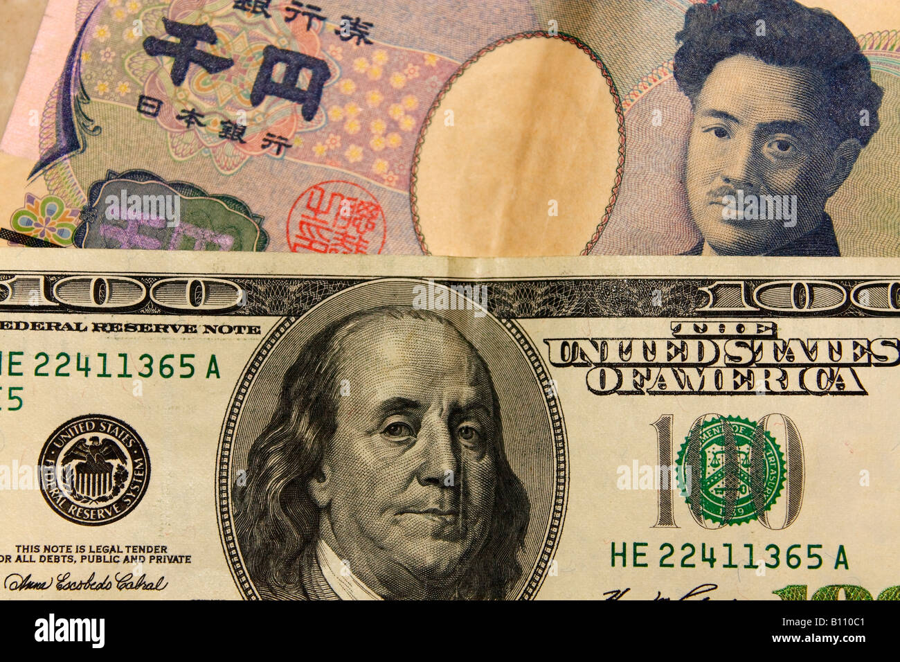 Yen giapponese e USD (dollaro americano, dollaro degli Stati Uniti) banconota soldi vicino. Foto Stock