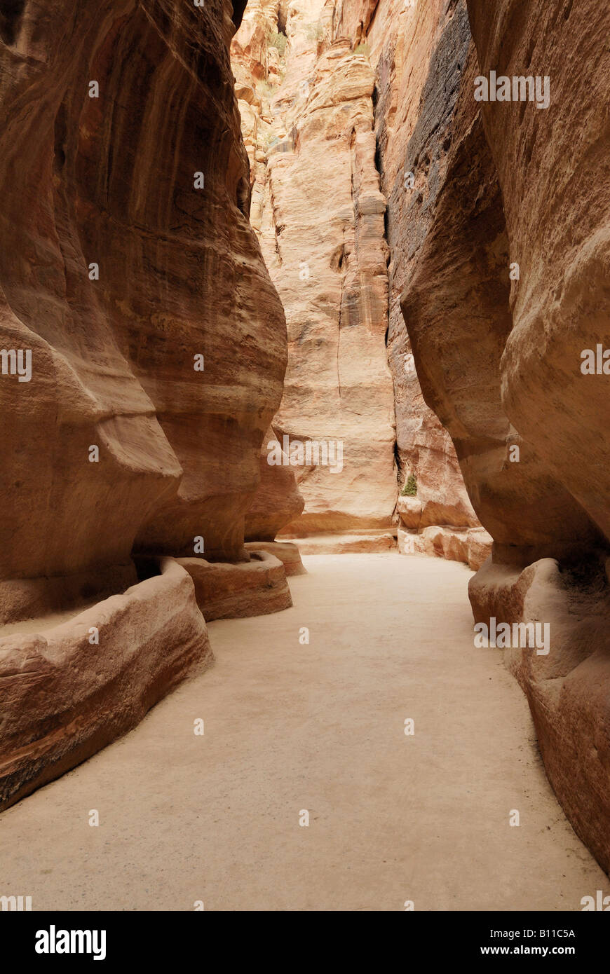Come Siq o canyon in Nabataean città antica Petra alimentazione idrica alle rocce Giordania Arabia Foto Stock