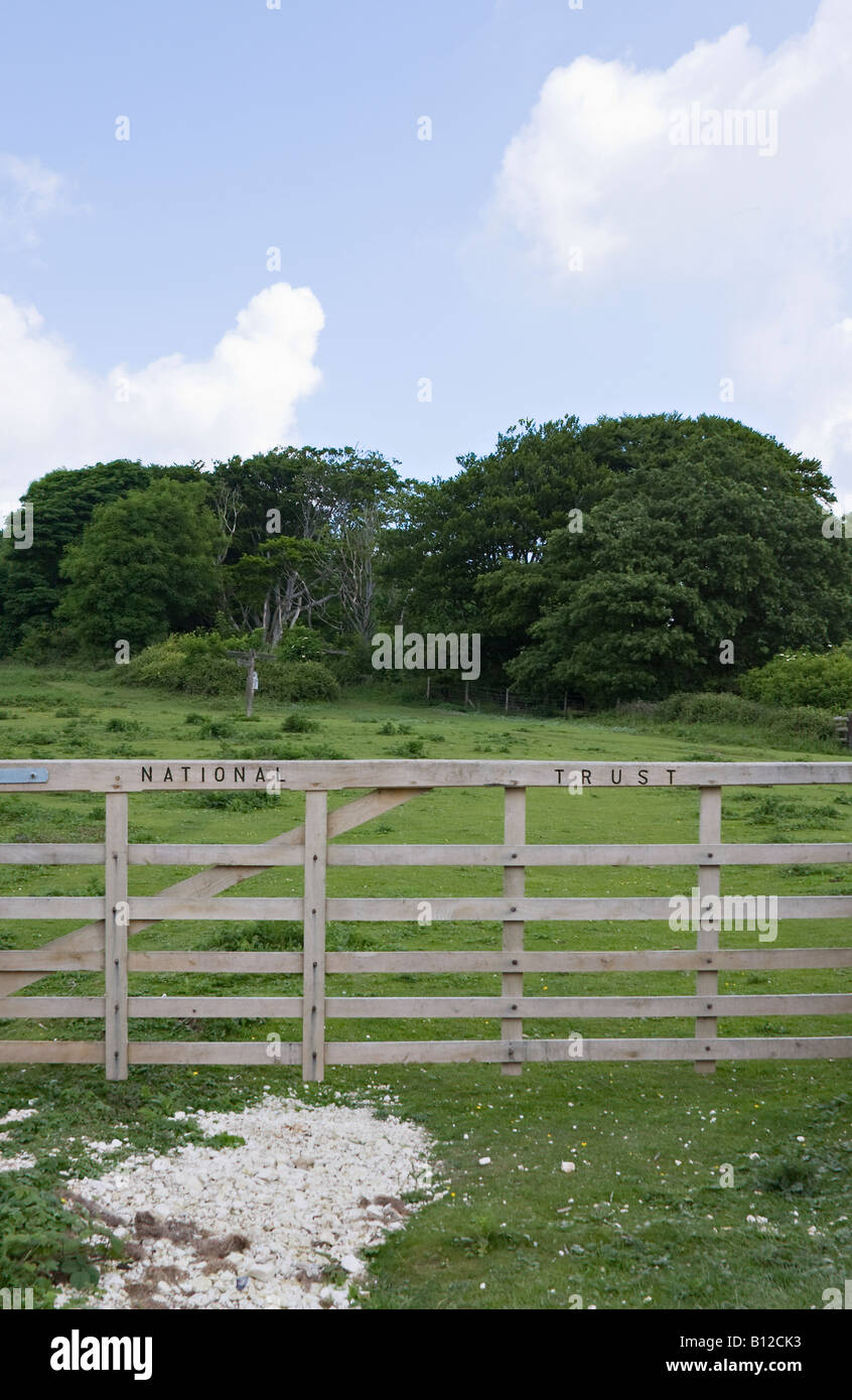 Cancello all'entrata della proprietà di National Trust presso Cissbury Ring, West Sussex, Inghilterra, Regno Unito Foto Stock