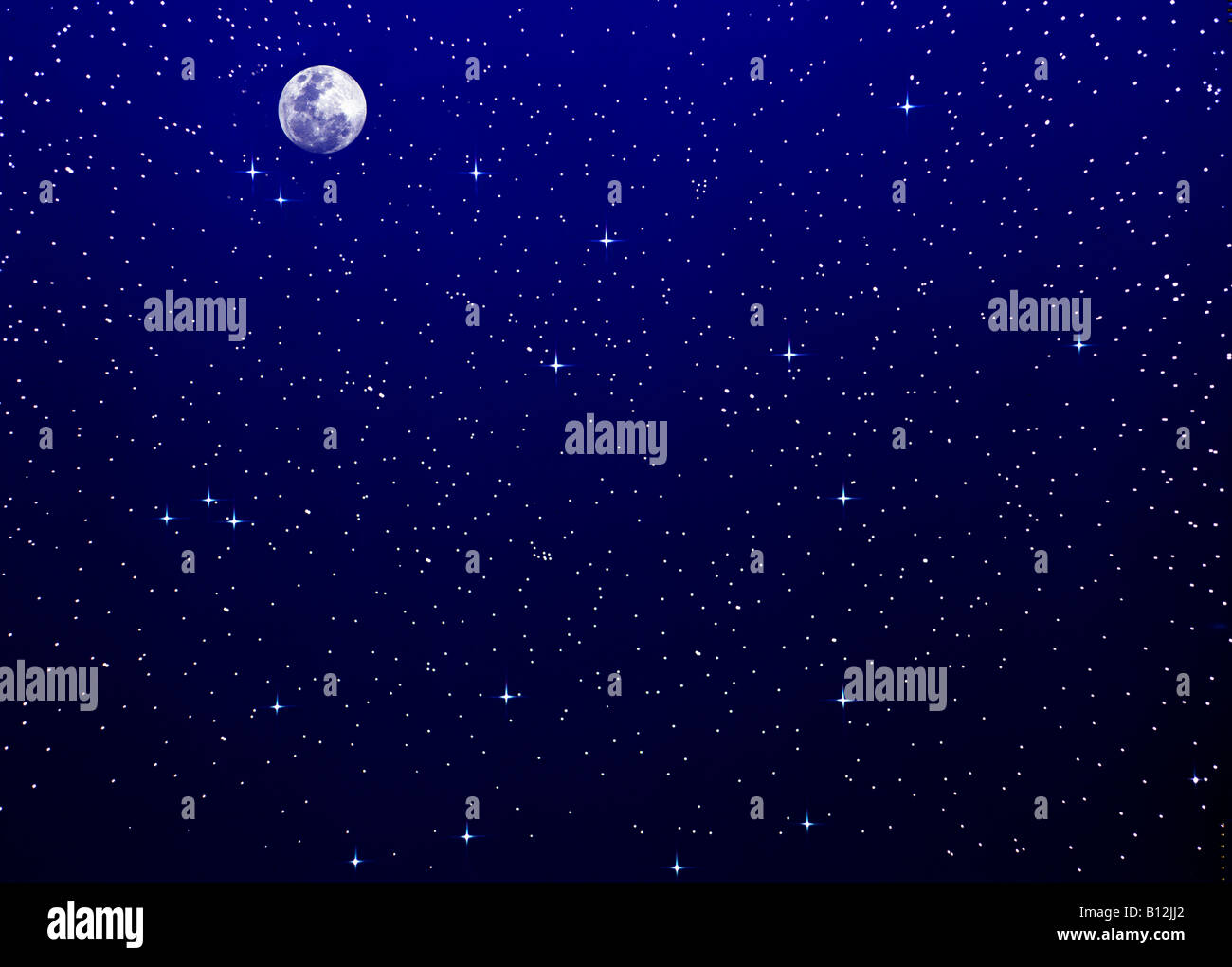 Luna crescente e blu scuro cielo stellato Foto Stock