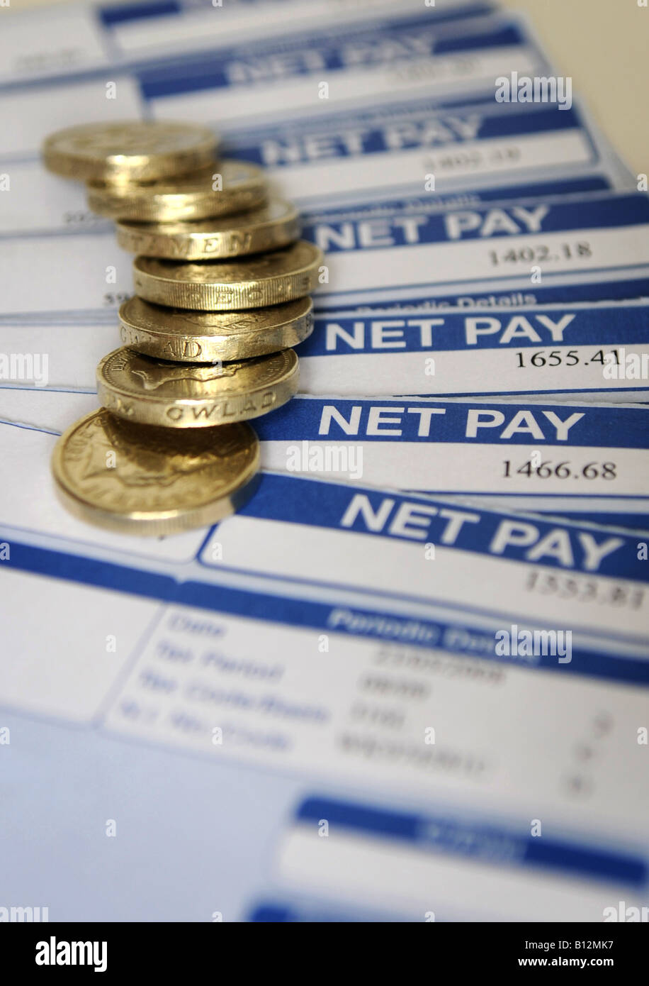 BRITISH BUSTA PAGA CHE MOSTRA UNA RETRIBUZIONE NETTA IMPORTO E VALUTA RE recessione credit crunch costo dei redditi del risparmio vivente ipoteche ETC UK. Foto Stock