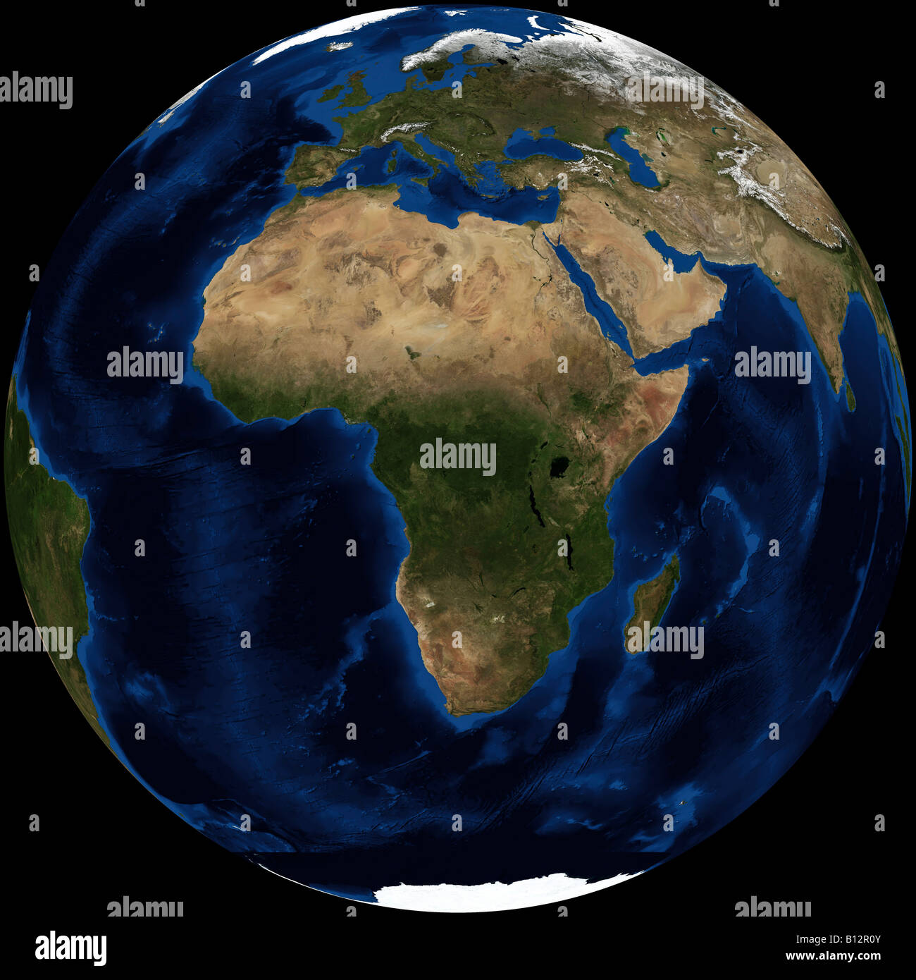 True color terra/dello spettroradiometro MODIS Immagine satellitare della terra reso in proiezione ortografica centrata sul continente africano. Foto Stock