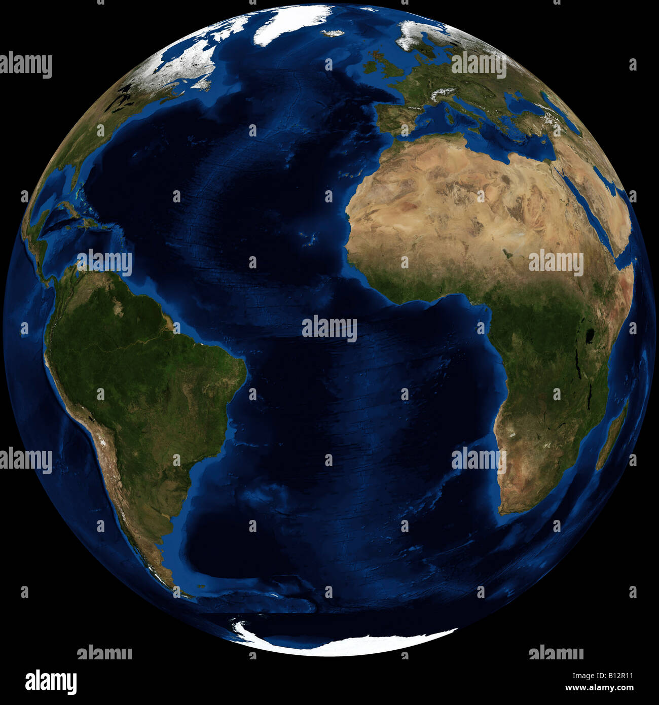 True color terra/dello spettroradiometro MODIS Immagine satellitare della terra reso in proiezione ortogonale, centrato sull'oceano Atlantico. Foto Stock