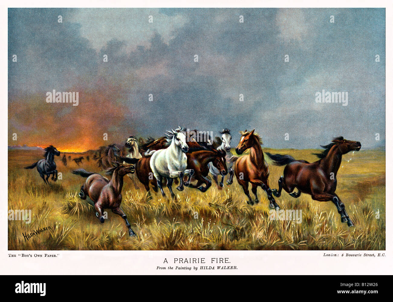 Prairie Fire pittura vittoriana di cavalli selvaggi di scappare da una conflagrazione su American Plains Foto Stock