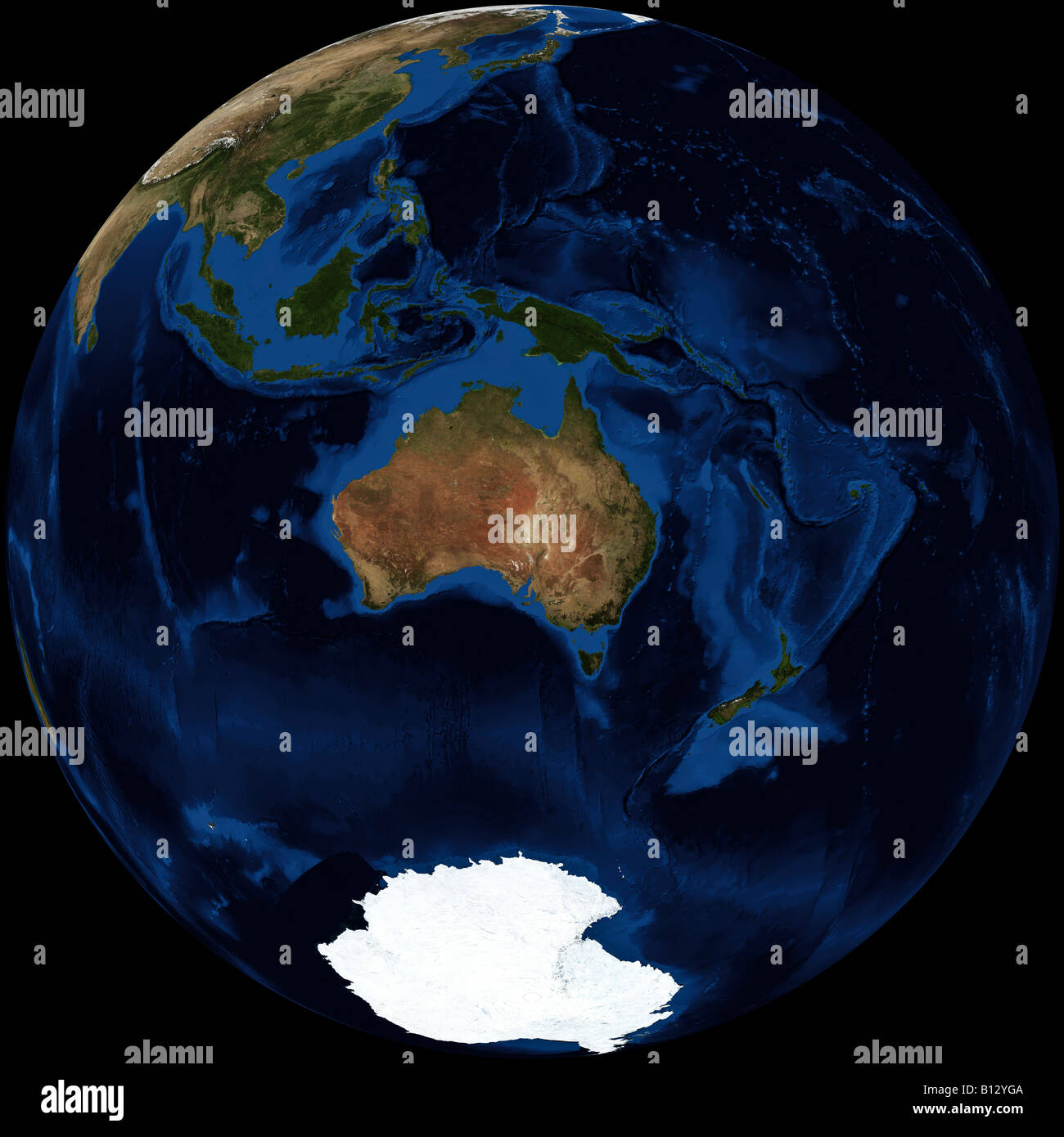 True color terra/dello spettroradiometro MODIS Immagine satellitare della terra reso in proiezione ortografica centrata sull'Australia. Foto Stock