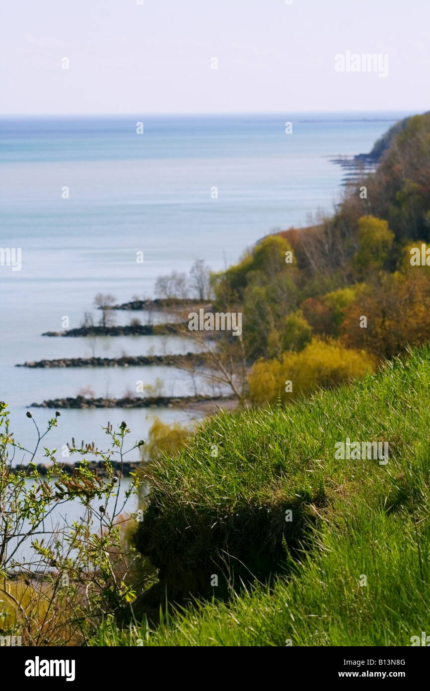 Roccia erosa sulle rive del lago Ontario con pennelli per controllo di erosione al di sotto con verticale lo spazio di copia Foto Stock