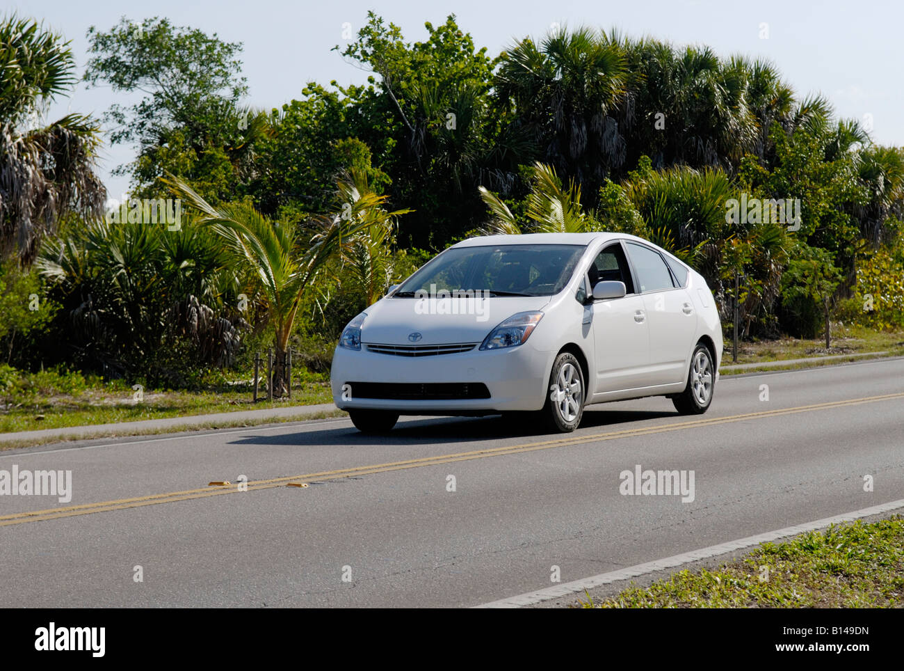 Gas-elecrtric auto ibride, Toyota Prius, su una strada in Florida. Foto Stock